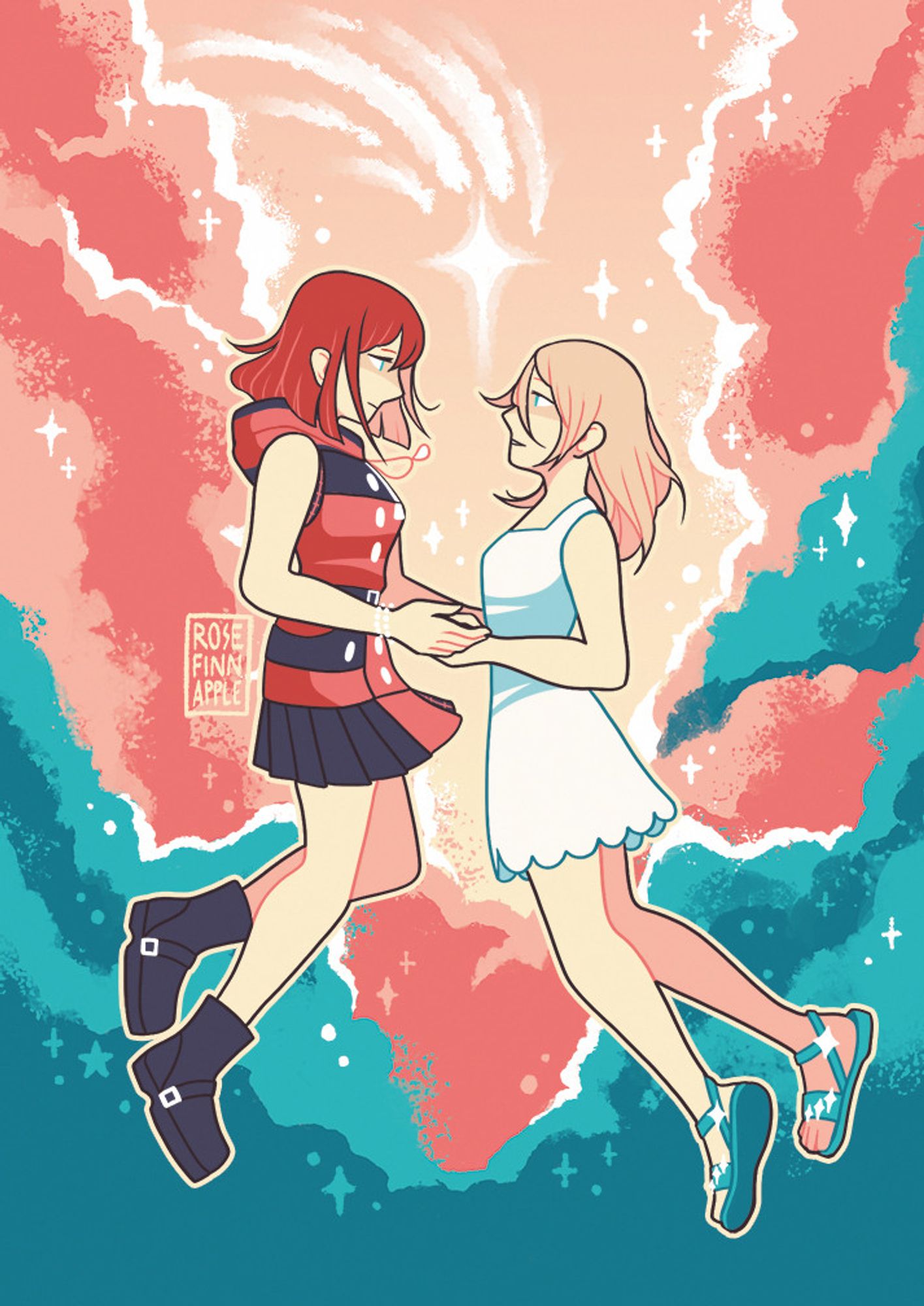 A digital illustration of Kairi and Naminè from Kingdom Hearts holding hands and floating against a backdrop of clouds.