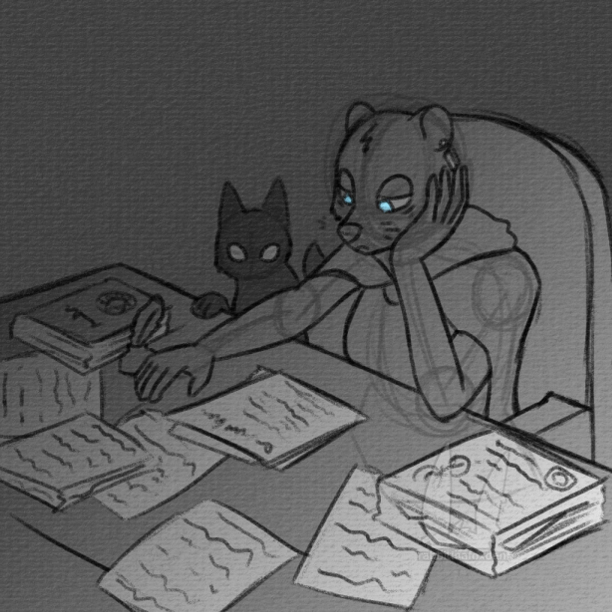 An anthropomorphic female otter sits at a desk, leaning forward and looking over papers. A small, shadowy creature looks over her shoulder.