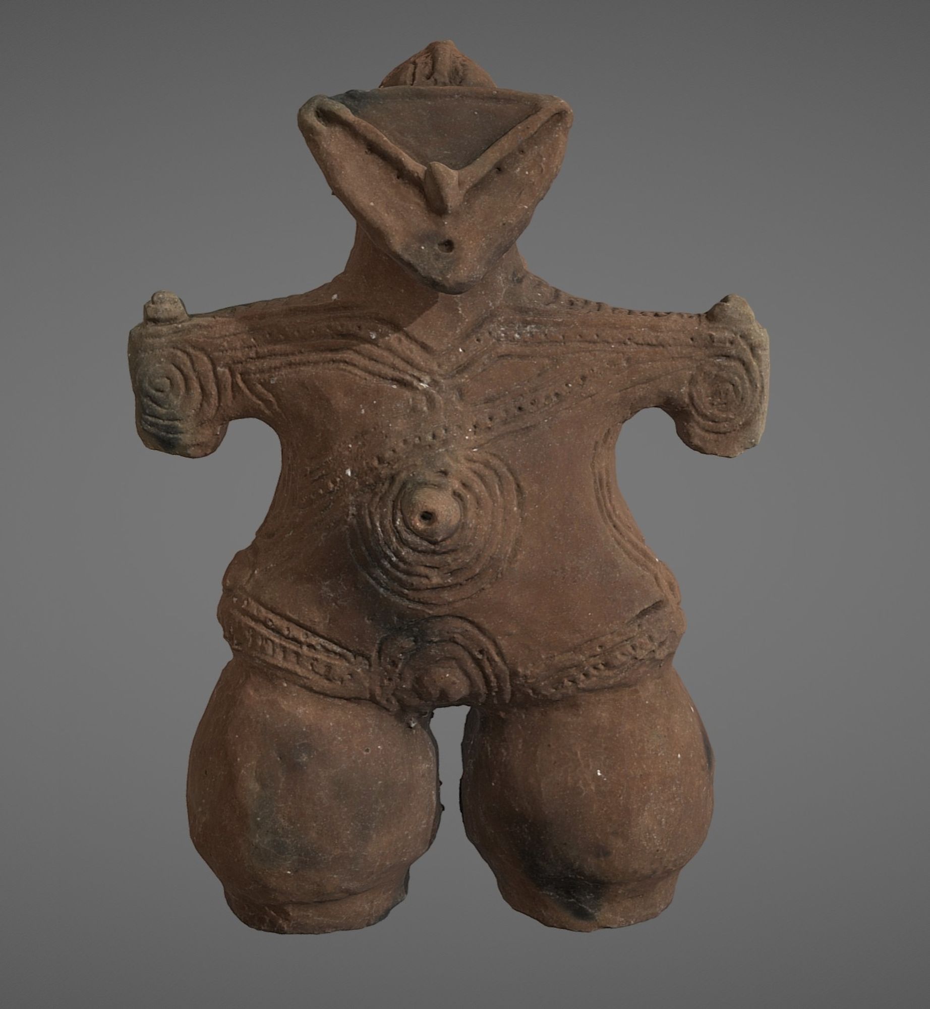 Image of a 3D model of a replica Jomon Masked Goddess dogu.