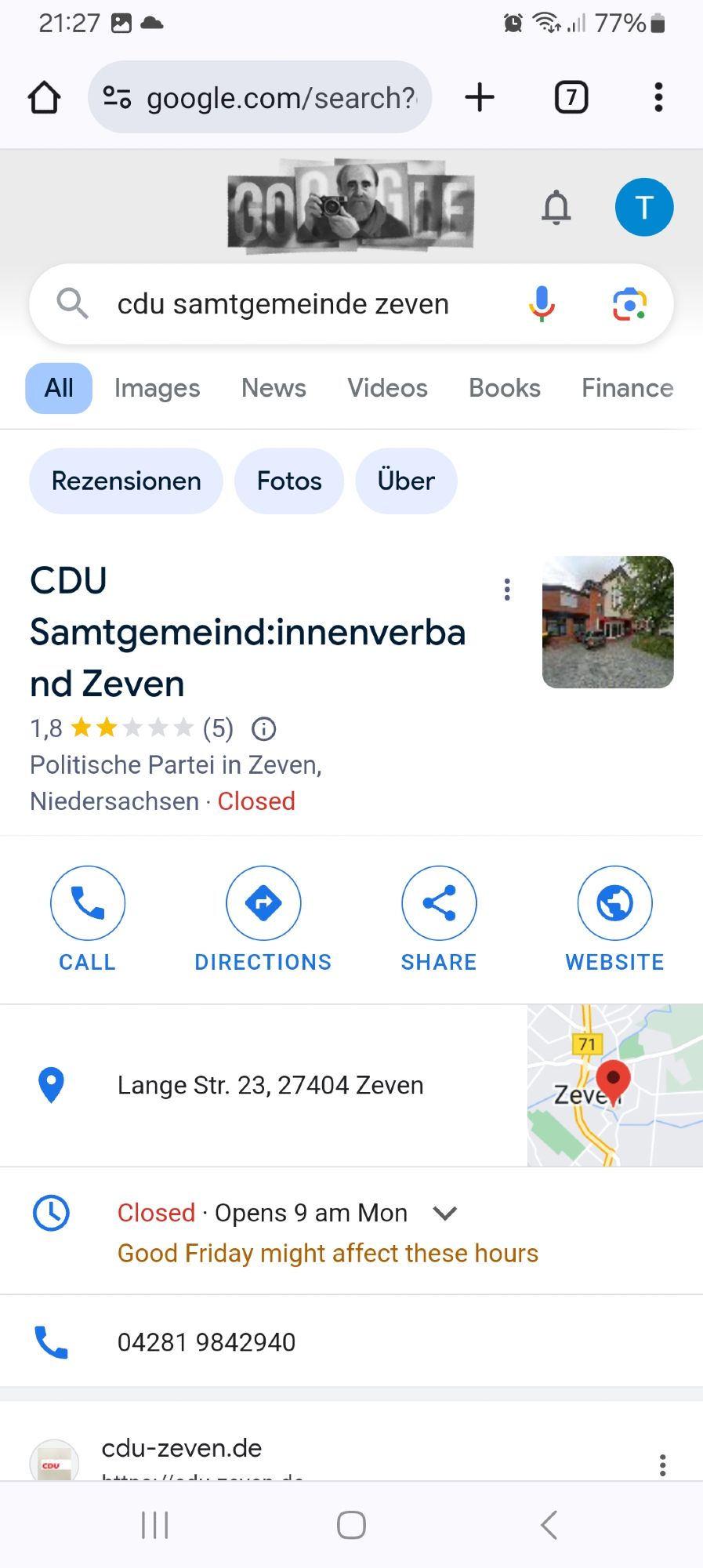 Screenshot von Google Suche nach dem Büro der CDU in Zeven