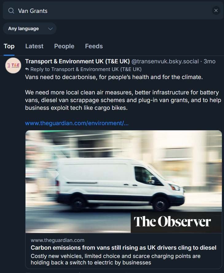 Transport & Environment UK account posts a Guardian article titled "Carbon emissions from vans still rising as UK drivers cling to diesel"