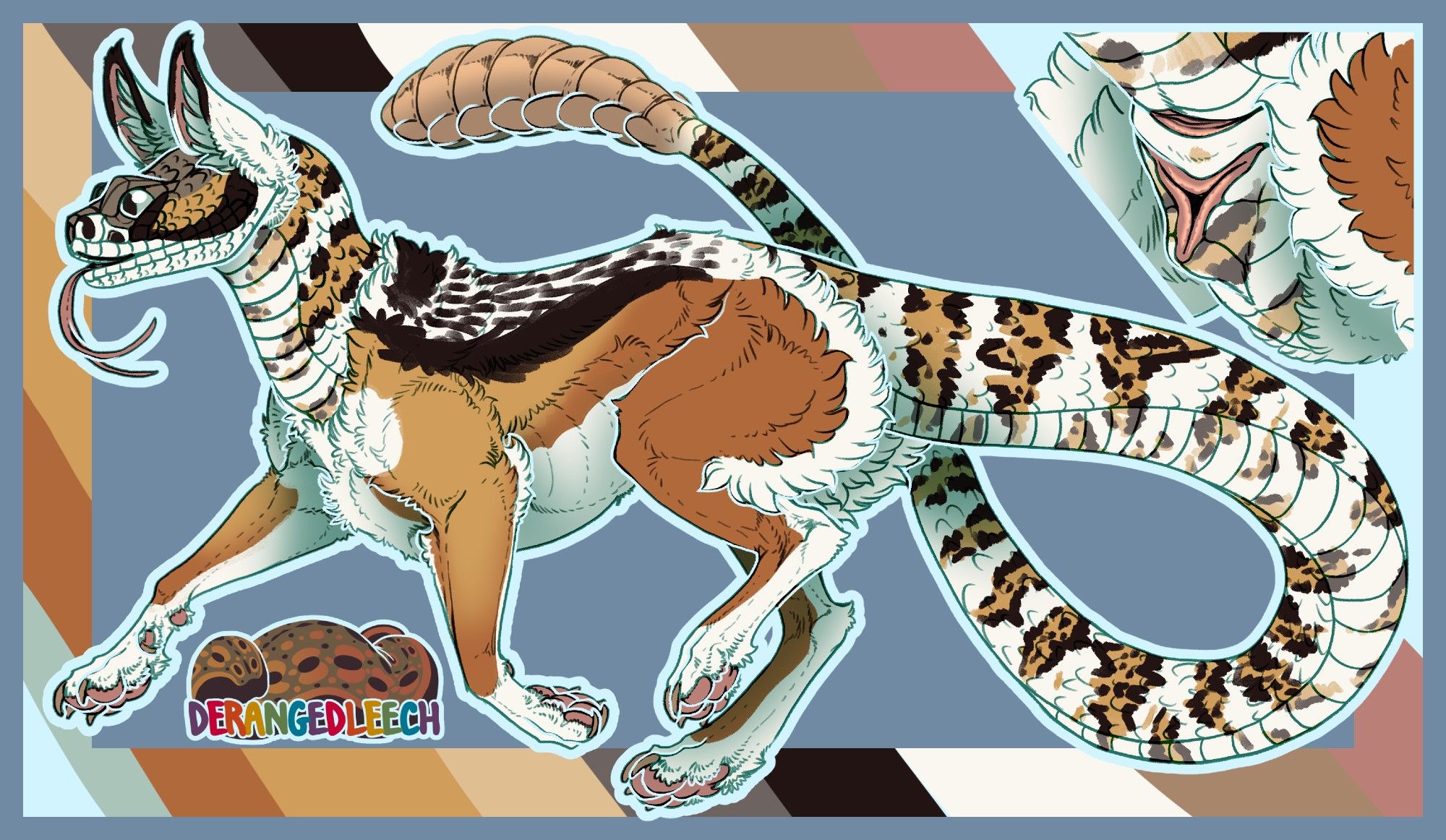 A nightstalker (half black backed jackal half white speckled rattlesnake) is feral in flat colours on a basic bg, with an additional genital shot