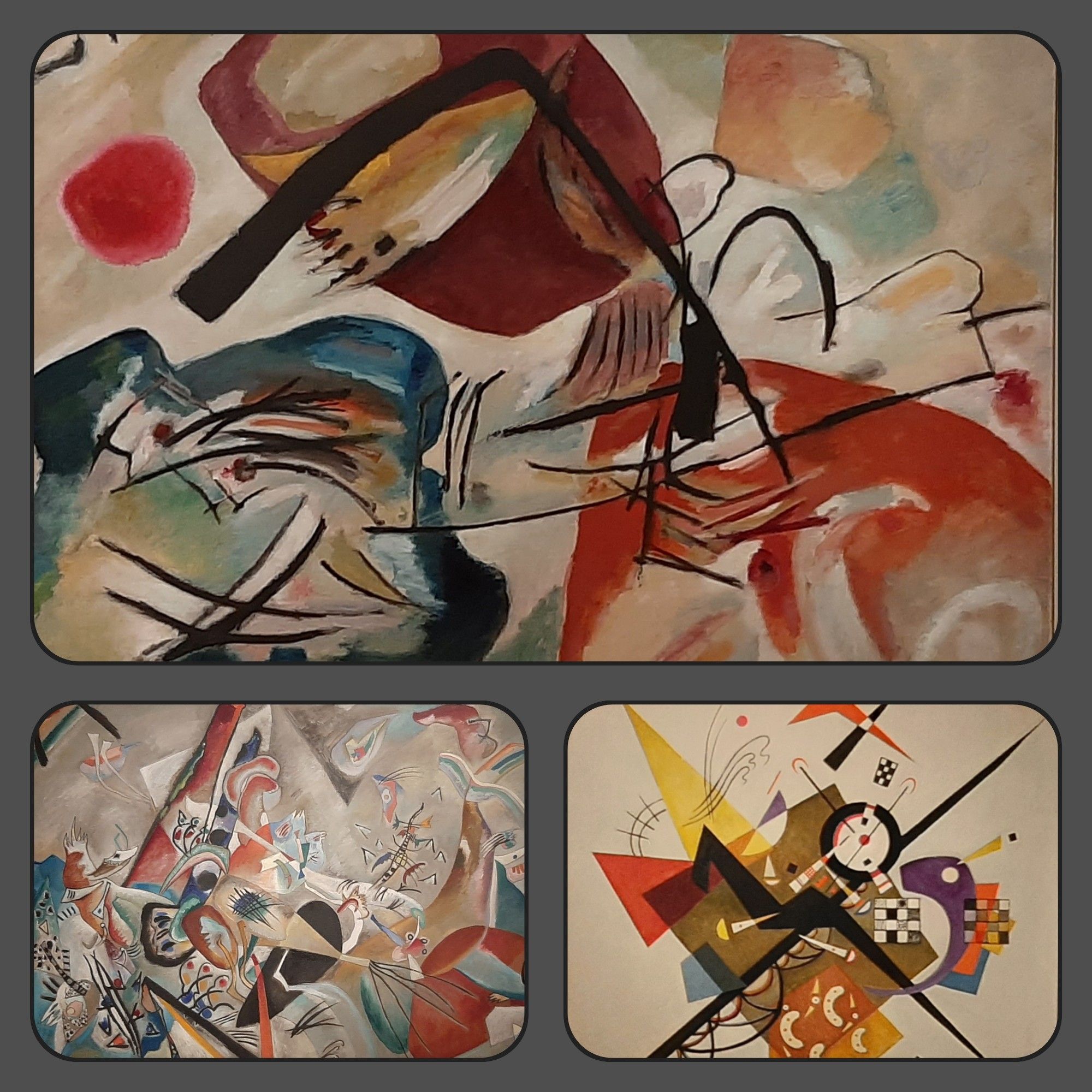 Top pieces from Musée Centre Pompidou (Paris) now at stage in H'ART Museum #Amsterdam 
Top: mit dem Schwarzen Bogen (1912) detail @WassilyKandinsky, left below: Im Grau (1919) detail @WassilyKandinsky right below: Auf Weiss II (1923) detail @WassilyKandinsky 
@ pictures #wilmatakesabreak.nl