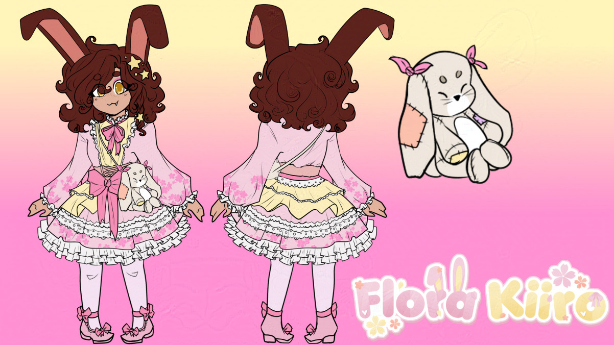 Bunny girl with red curly hair and a pink frilly dress. Off to the side is a beige bunny plush with pink bows on the ears and patches. Below the bunny plush is the words "Flora Kiiro"