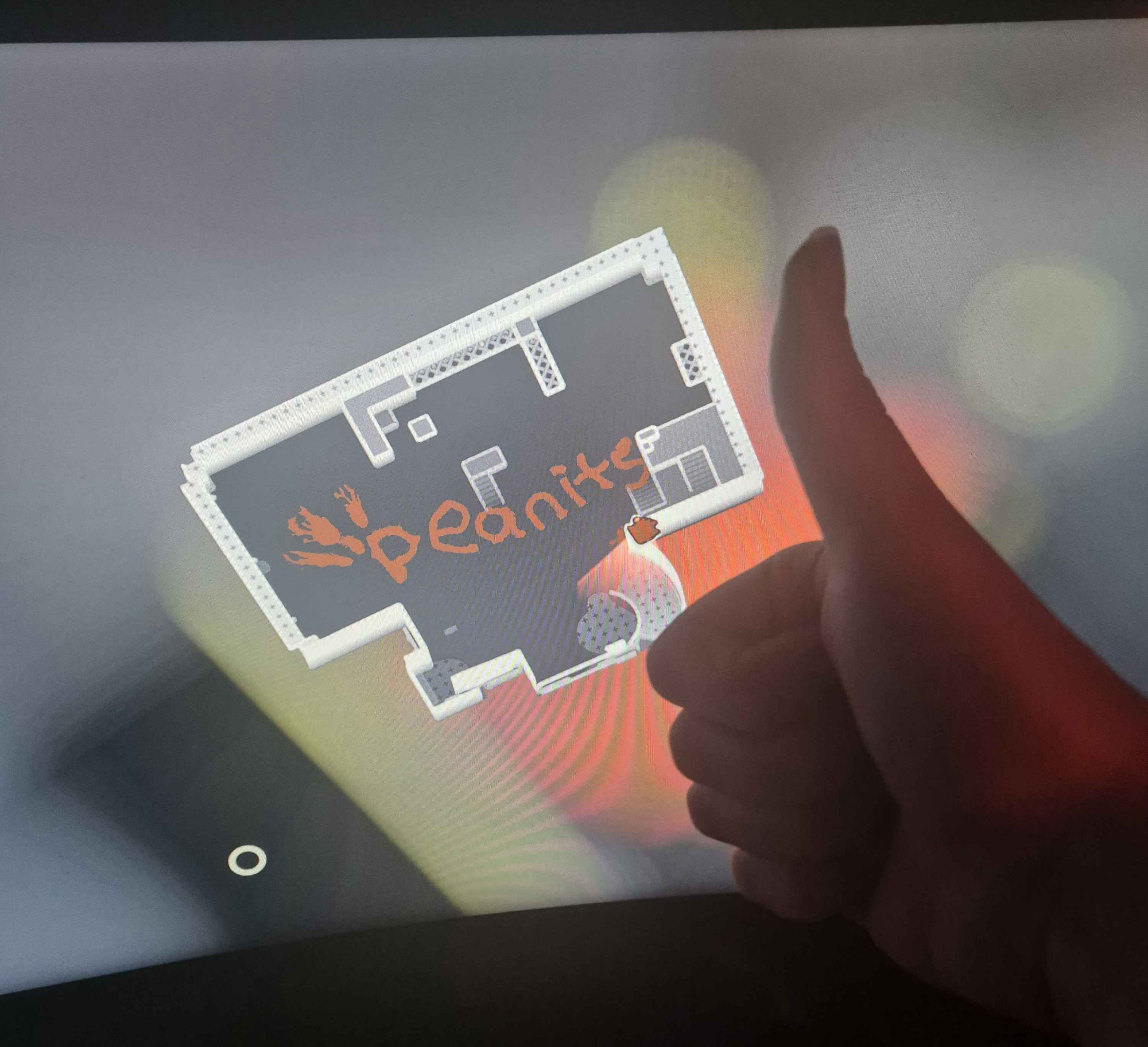 a picture taken of a monitor displaying splatoon 3, showing the map screen in the lobby with the word "peanits" written on the floor in ink. there is a hand to the right of the image giving a thumbs up