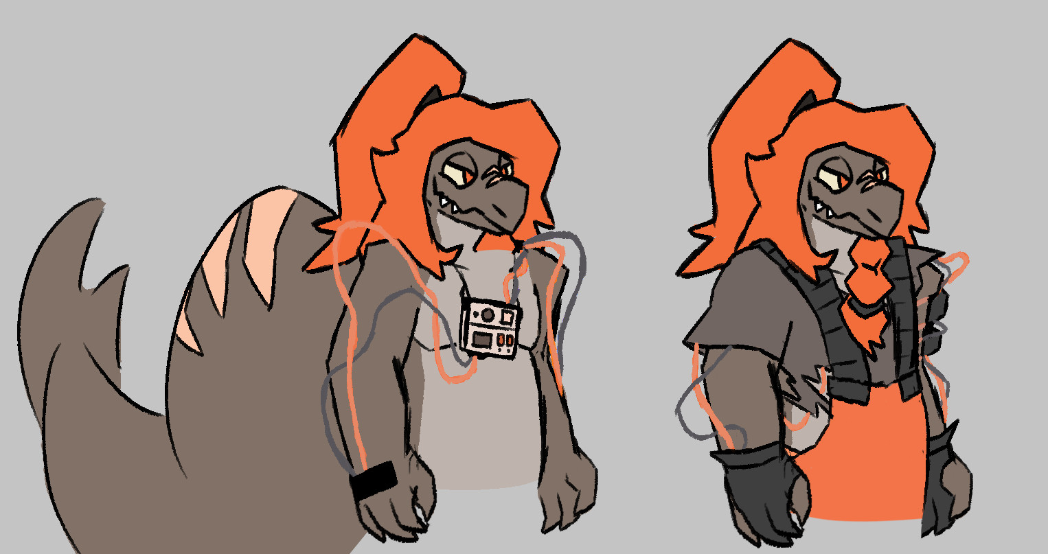 two alternate versions of a waist-up drawing depicting prism, a salmonid from splatoon, wearing a device that allows him to control artificial limbs made of disguised ink

in the first version of the drawing, he stands shirtless with a device sitting over his chest, as orange and grey wires are shown coming from the device and going down to each of his hands

in the second version, the drawing shows what the wiring of the device looks like while he is clothed