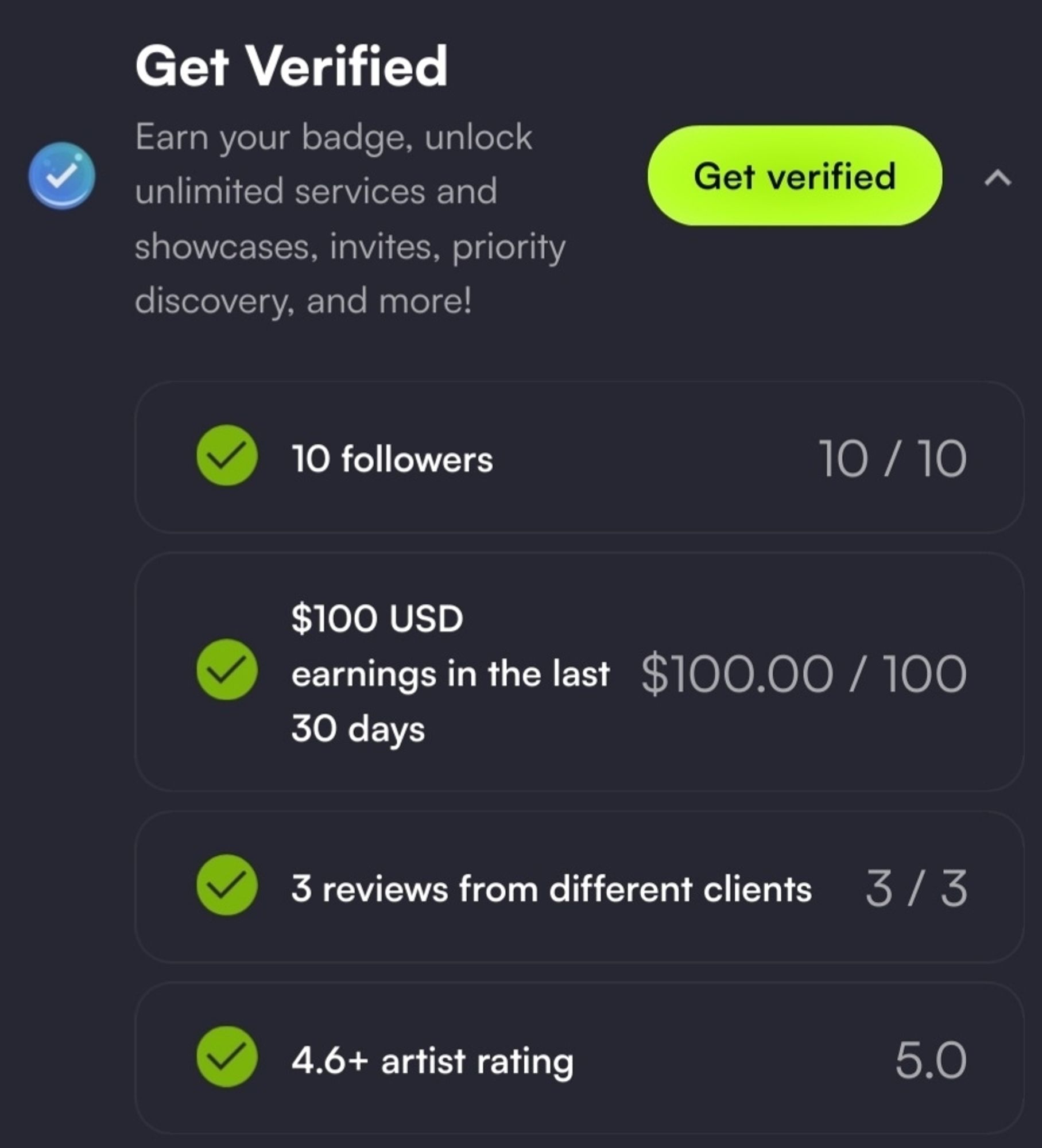 A screenshot showing me meeting the requirements to get verified on VGen