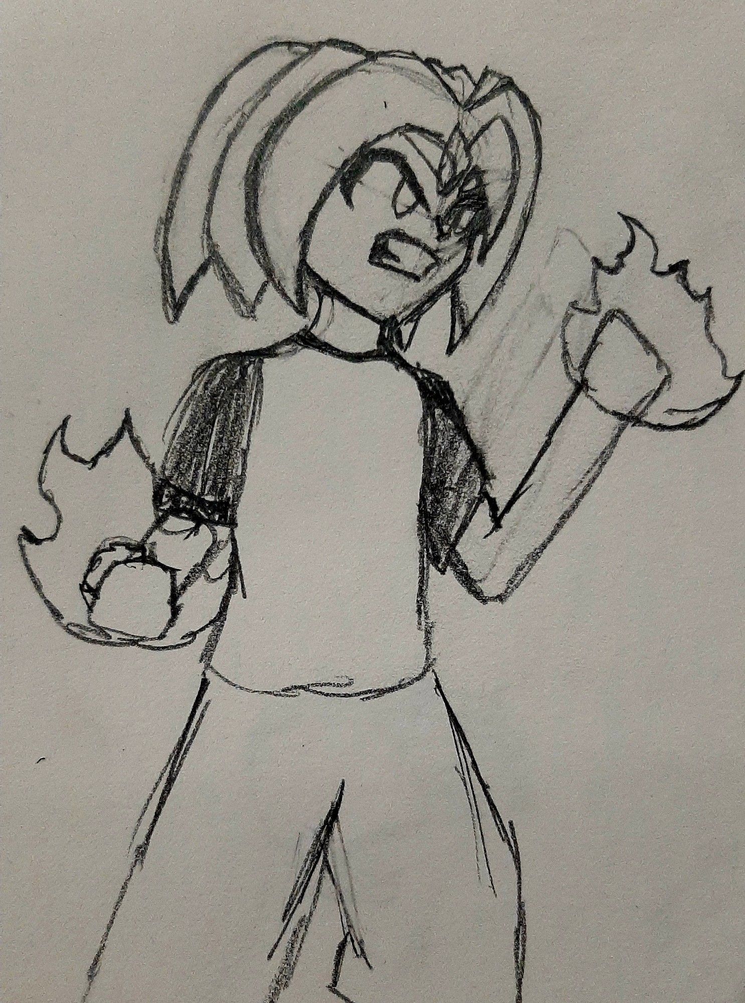 Black and white drawing of my character Zane, standing in a battle ready stance with flames enveloping his fists.