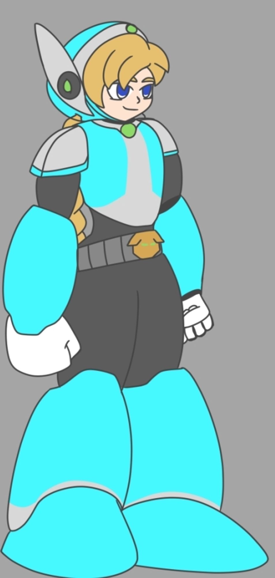 A blonde haired robot woman based of the Reploid designs of the Mega Man X series.  Her armor is light blue and gray, and she wear a black bodysuit beneath it.