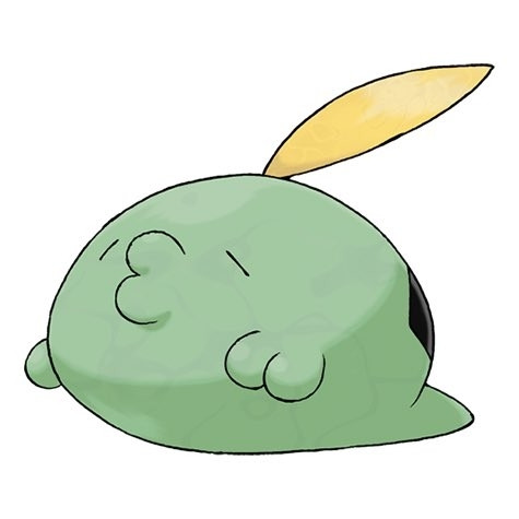 a little green blob with a kissy face and a yellow leaf poking out of its head