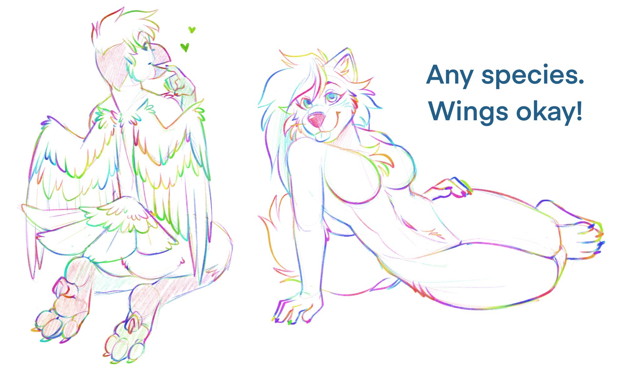 Rainbow sketches of an anthro bird and an anthro fox