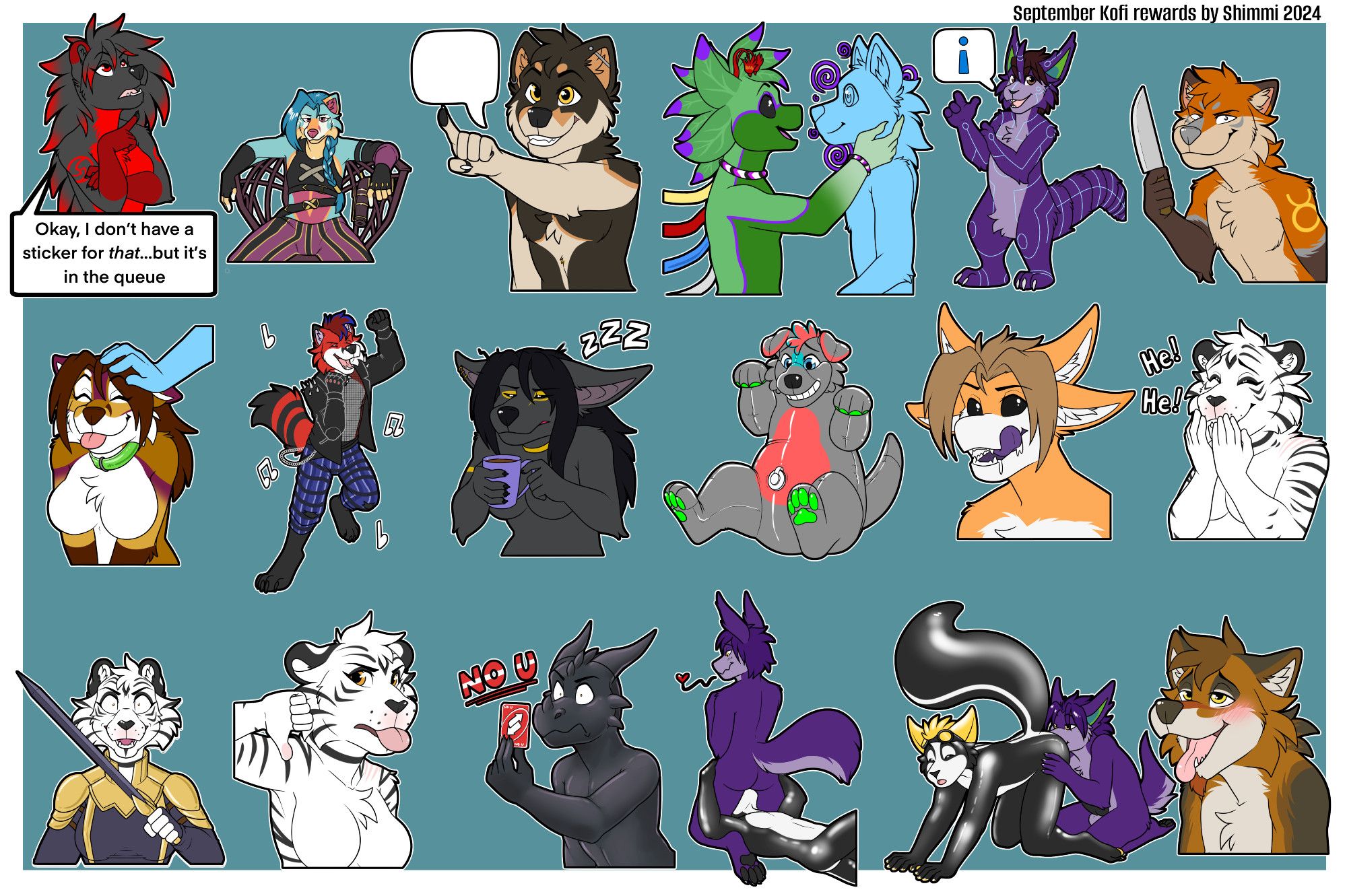 18 Telegram stickers with various characters.