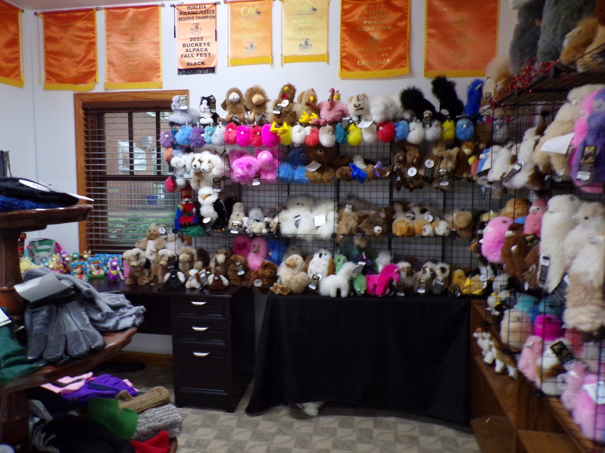 Inside the merchandise store, a row of shelves, multi-colours dolls, gloves, socks, key chains, every imaginable item with Alpaca wool in it