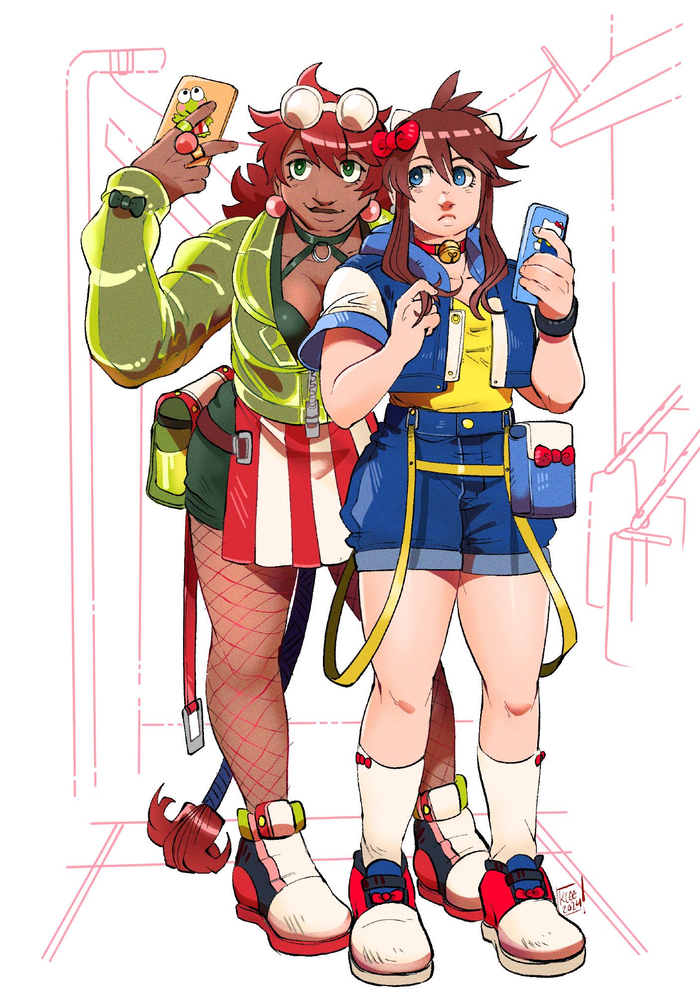 two characters standing in street fashion style with a white background, digital art