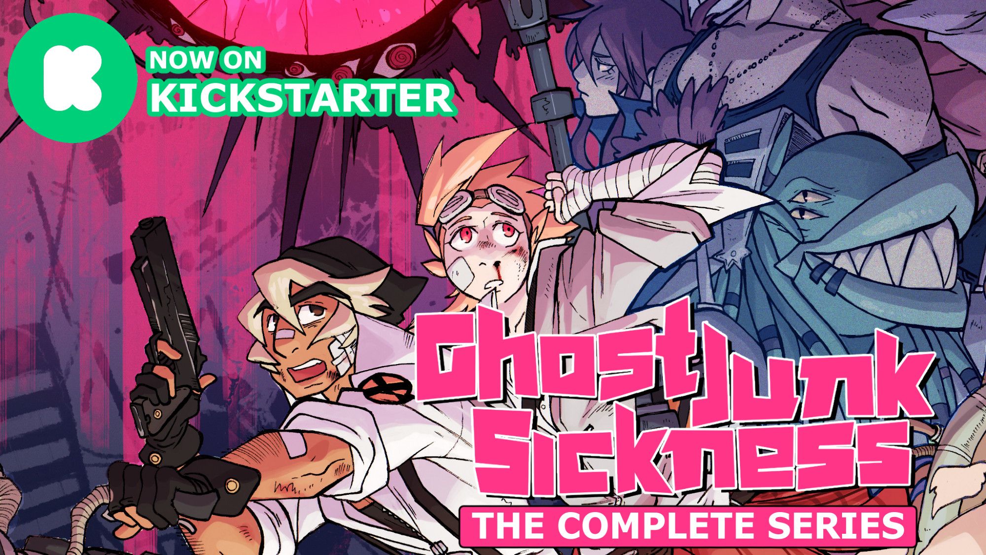 now on kickstarter, "ghost junk sickness' in text
illustration featuing many characters