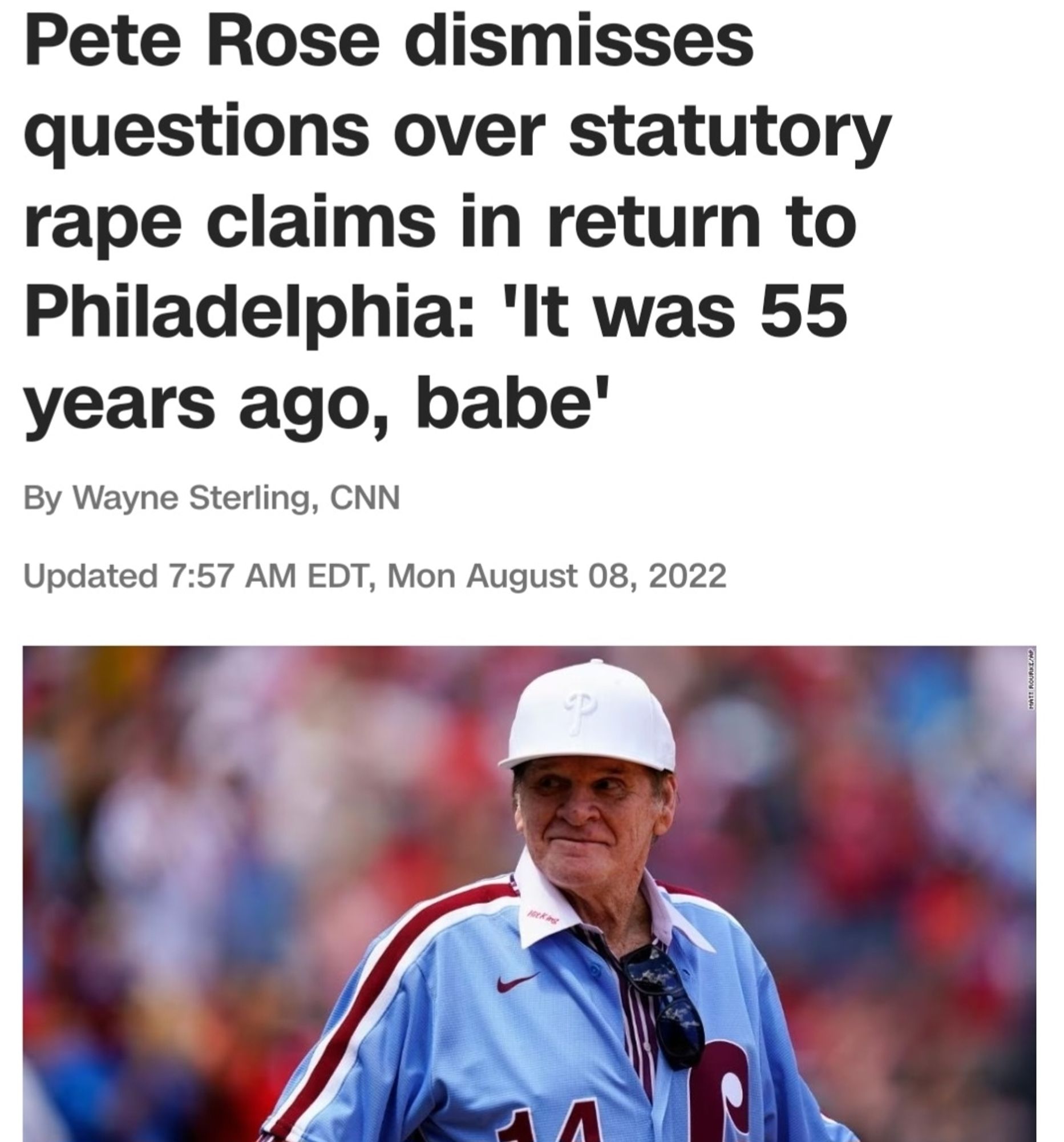 News headline reading "Pete Rose dismisses questions over statutory tape claims in return to Philadelphia: 'It was 55 years ago, babe'"- along with an image of the rapist wearing a Phillies baseball jersey