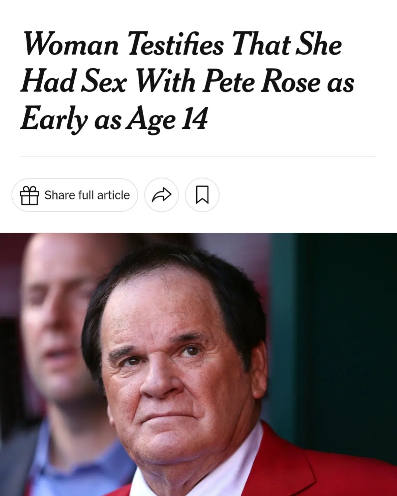 Image of News story stating a woman testified under oath that she had sex with Pete Rose as early as age 14, with image of the offending pedophile