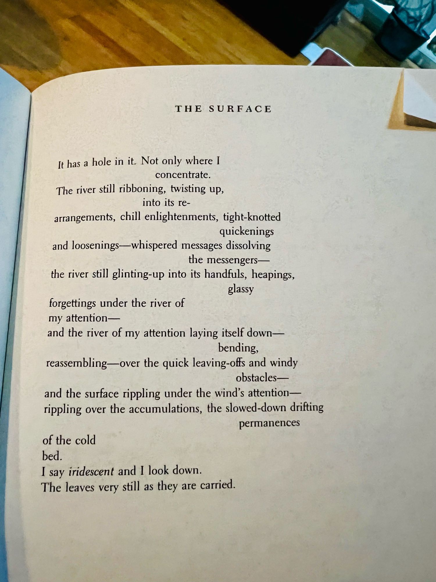 THE SURFACE
It has a hole in it. Not only where I
concentrate.
The river still ribboning, twisting up,
into its re-
arrangements, chill enlightenments, tight-knotted
quickenings
and loosenings-whispered messages dissolving
the messengers—
the river still glinting-up into its handfuls, heapings,
glassy
forgettings under the river of my attention—
and the river of my attention laying itself down—
bending,
reassembling—over the quick leaving-offs and windy
obstacles—
and the surface rippling under the wind's attention— rippling over the accumulations, the slowed-down drifting
permanences
of the cold bed.
I say iridescent and I look down.
The leaves very still as they are carried.