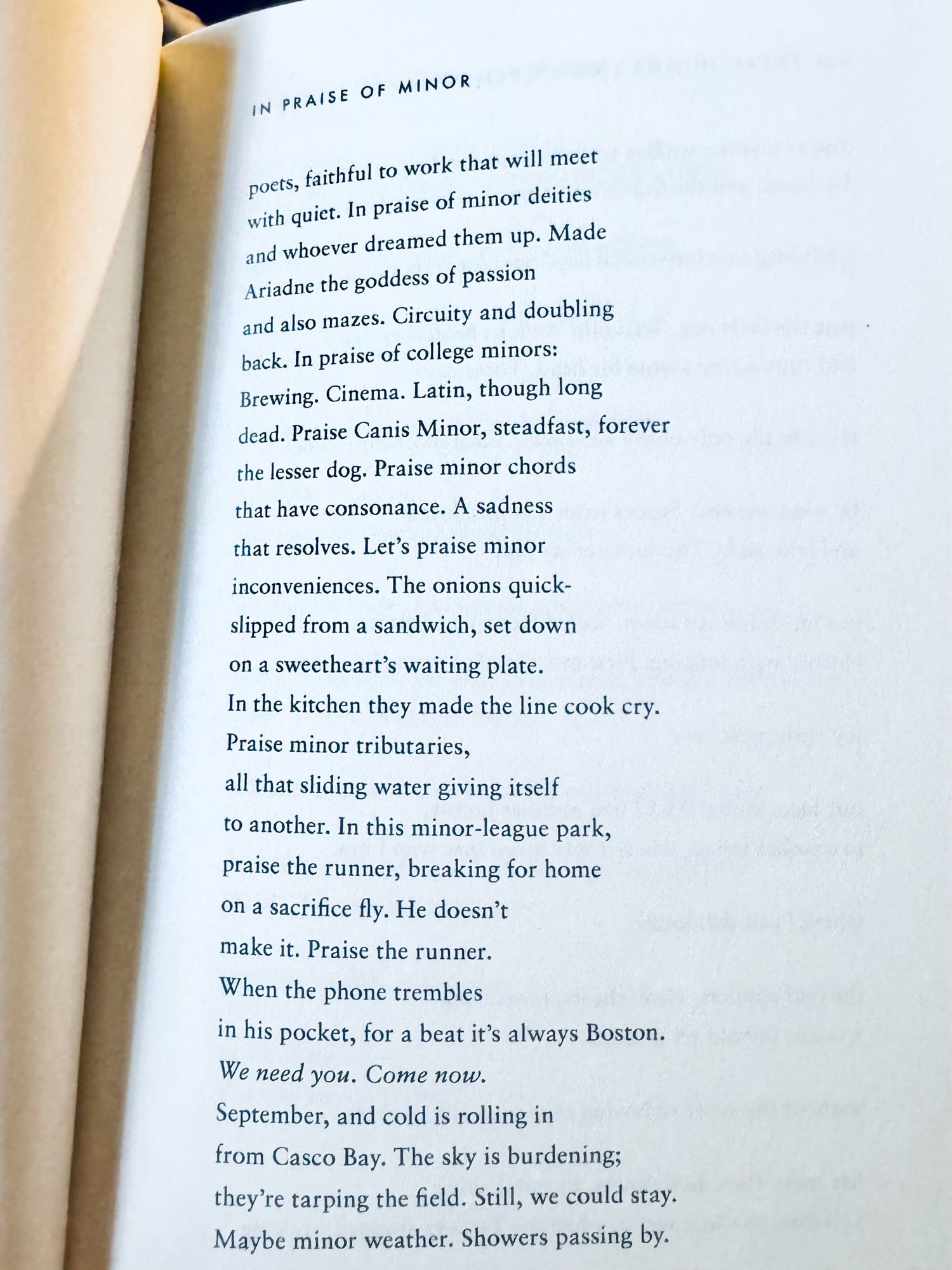 IN PRAISE OF MINOR

poets, faithful to work that will meet 
with quiet. In praise of minor deities 
and whoever dreamed them up. Made 
Ariadne the goddess of passion 
and also mazes. Circuity and doubling 
back. In praise of college minors:
Brewing. Cinema. Latin, though long 
dead. Praise Canis Minor, steadfast, forever 
the lesser dog. Praise minor chords 
that have consonance. A sadness 
that resolves. Let's praise minor 
inconveniences. The onions quick-
slipped from a sandwich, set down 
on a sweetheart's waiting plate.
In the kitchen they made the line cook cry.
Praise minor tributaries,
all that sliding water giving itself 
to another. In this minor-league park, 
praise the runner, breaking for home 
on a sacrifice fly. He doesn't 
make it. Praise the runner.
When the phone trembles
in his pocket, for a beat it's always Boston.
We need you. Come now.
September, and cold is rolling in 
from Casco Bay. The sky is burdening; 
they're tarping the field. Still, we could stay.