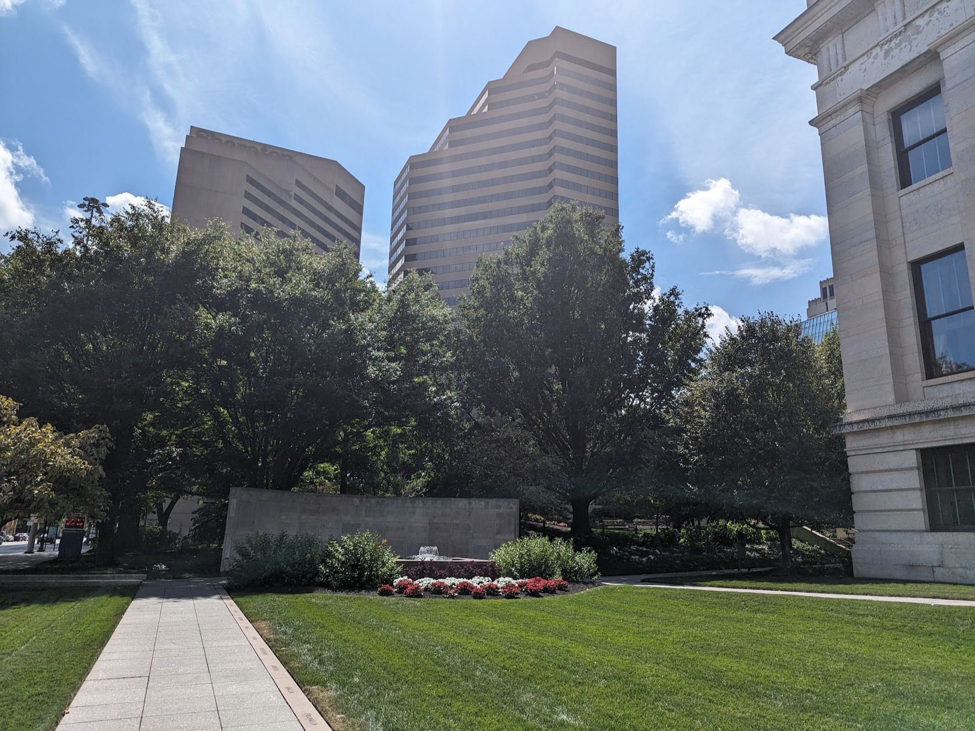 A photo of a pair of Columbus skyscrapers, from the lawn of the State Capitol.