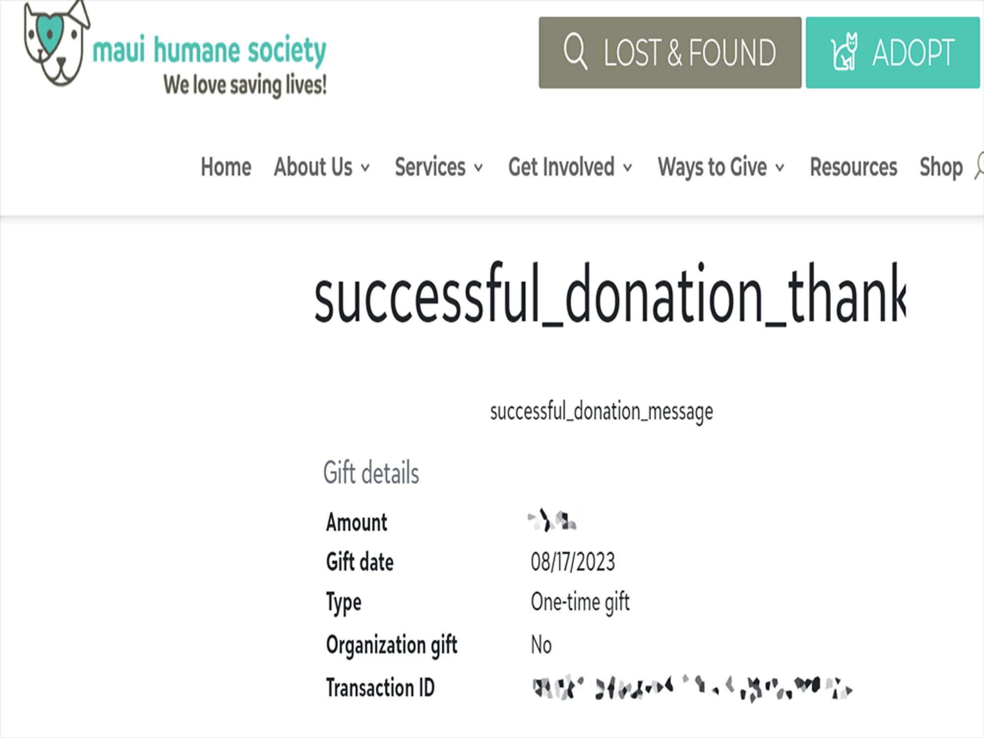 Receipt for a donation to the Maui Humane Society