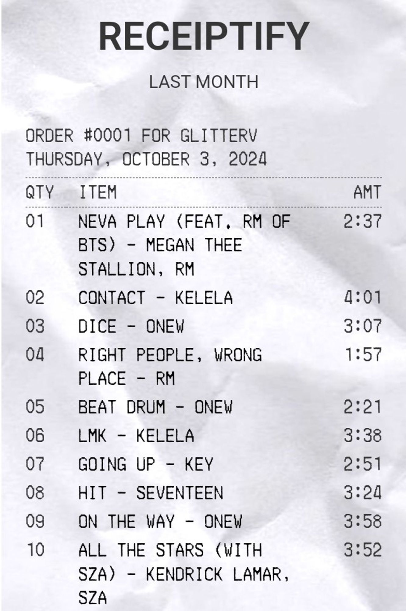 A list of top 10 songs for September 2024. The number one song is Neva Play by Megan Thee Stallion and RM