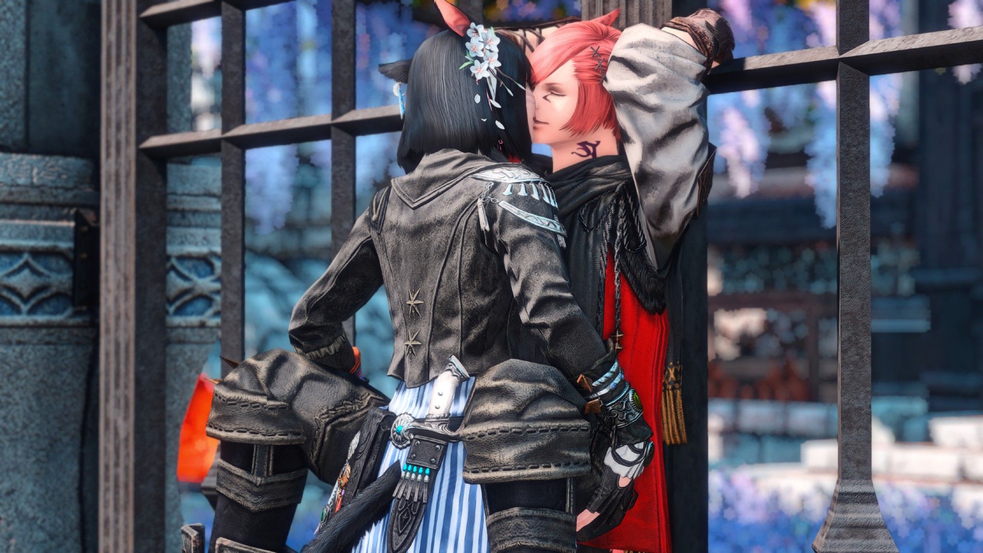 Close up shot of Syhlvi kissing G'raha while he's pinned and holding onto the gate.