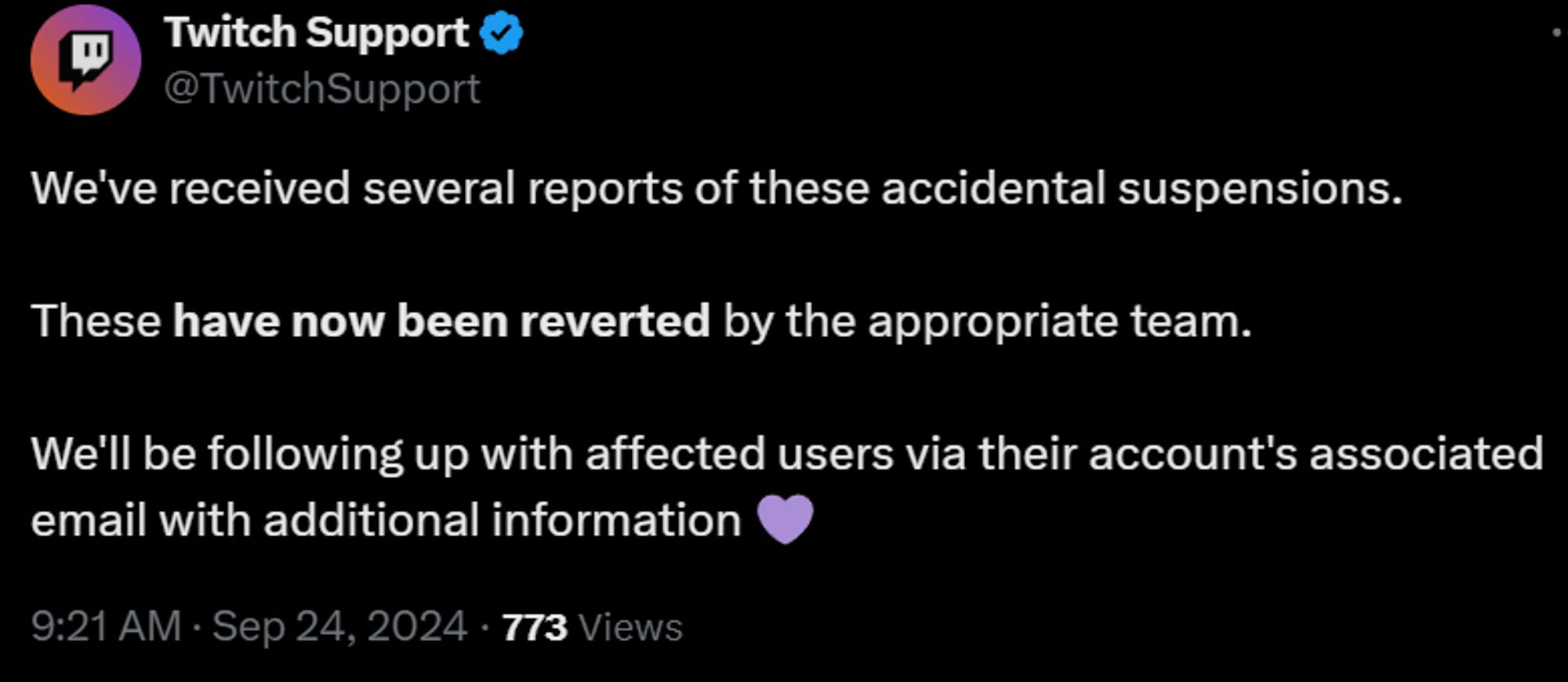 We've received several reports of these accidental suspensions.

These have now been reverted by the appropriate team.

We'll be following up with affected users via their account's associated email with additional information 💜