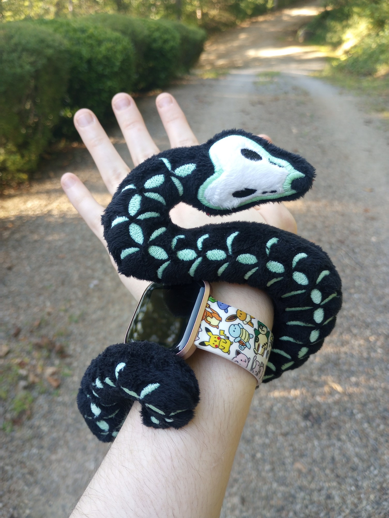 A handmade Skeleton Snake plushie wrapped around my arm.