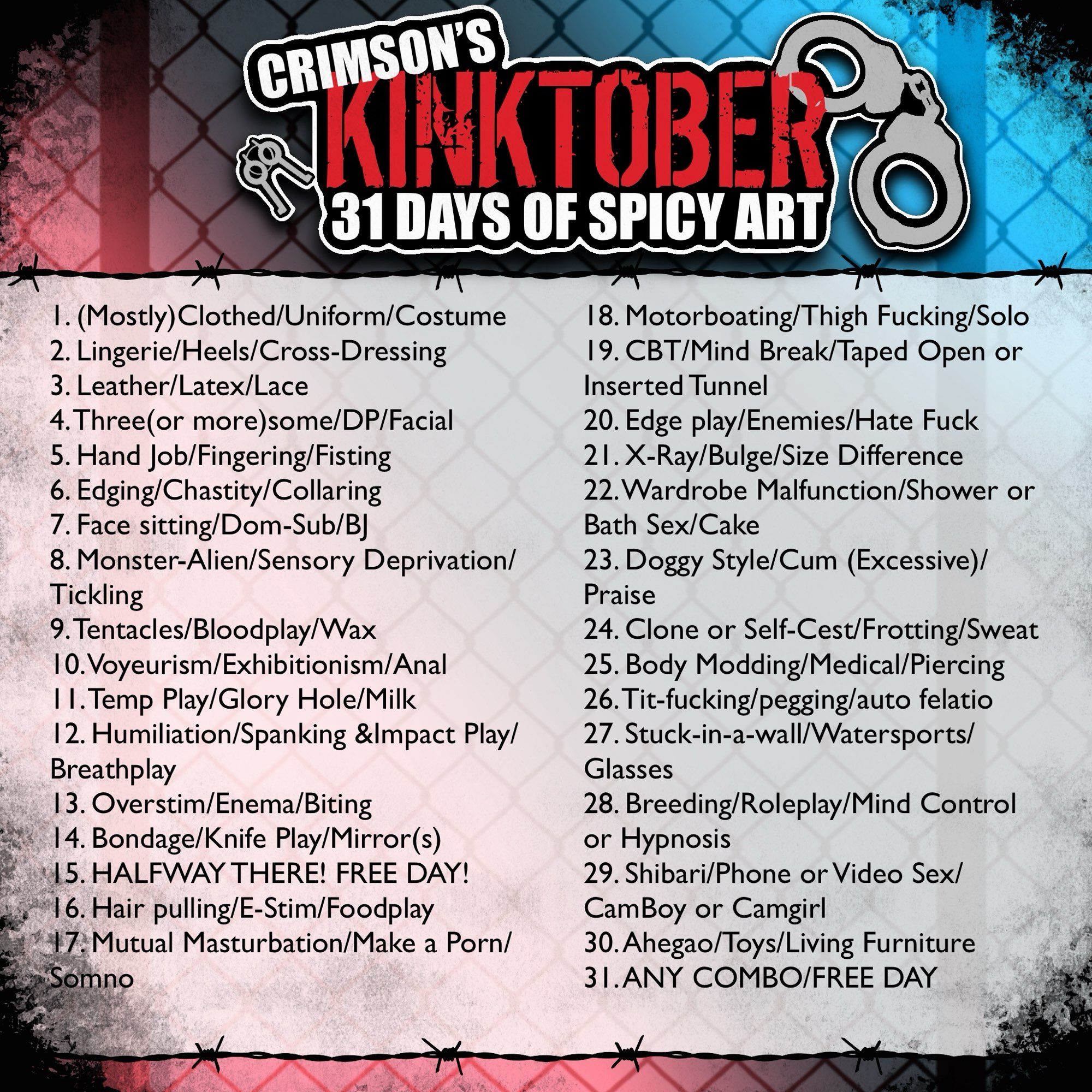 List of Kinktober 2024 writing/drawing prompts