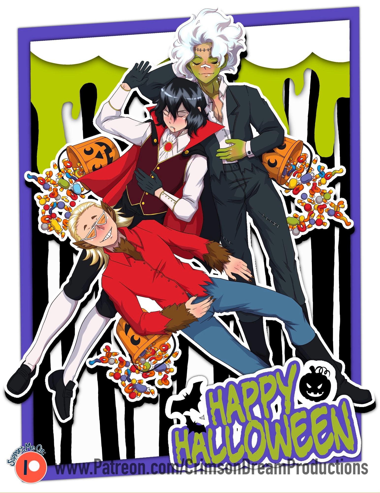 Young Aizawa, Present Mic/Hiizashi and Oboro dressed as a vampire, wolfman and Frankenstein's monster, passed out with candy surrounding them