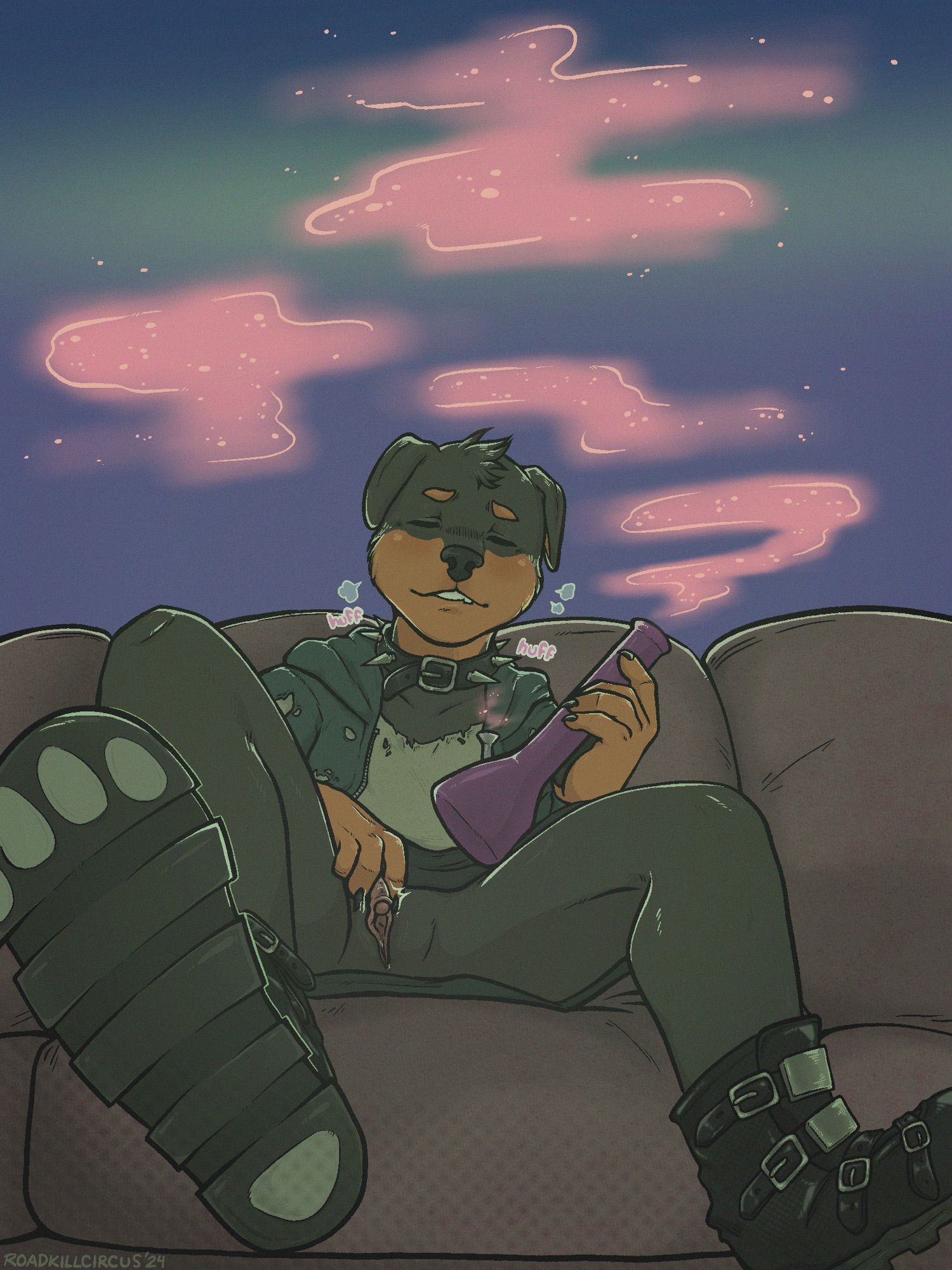 Anthro andromorph Rottweiler sitting on a couch with a bong playing with his clit