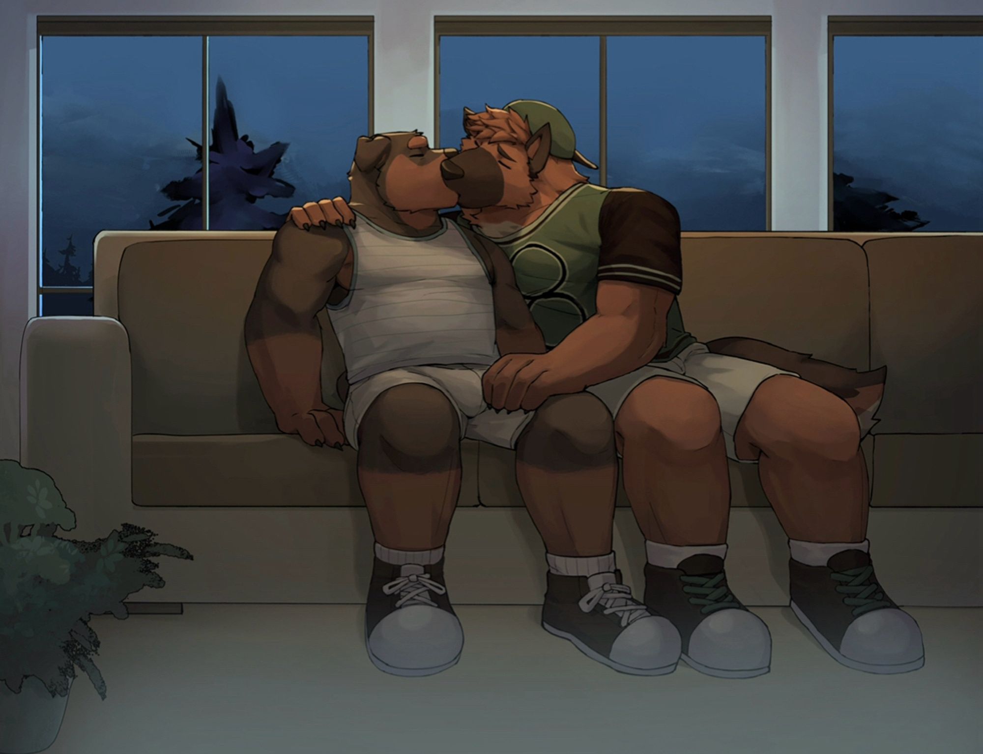 Anthro Rottweiler and German shepherd making out on a couch