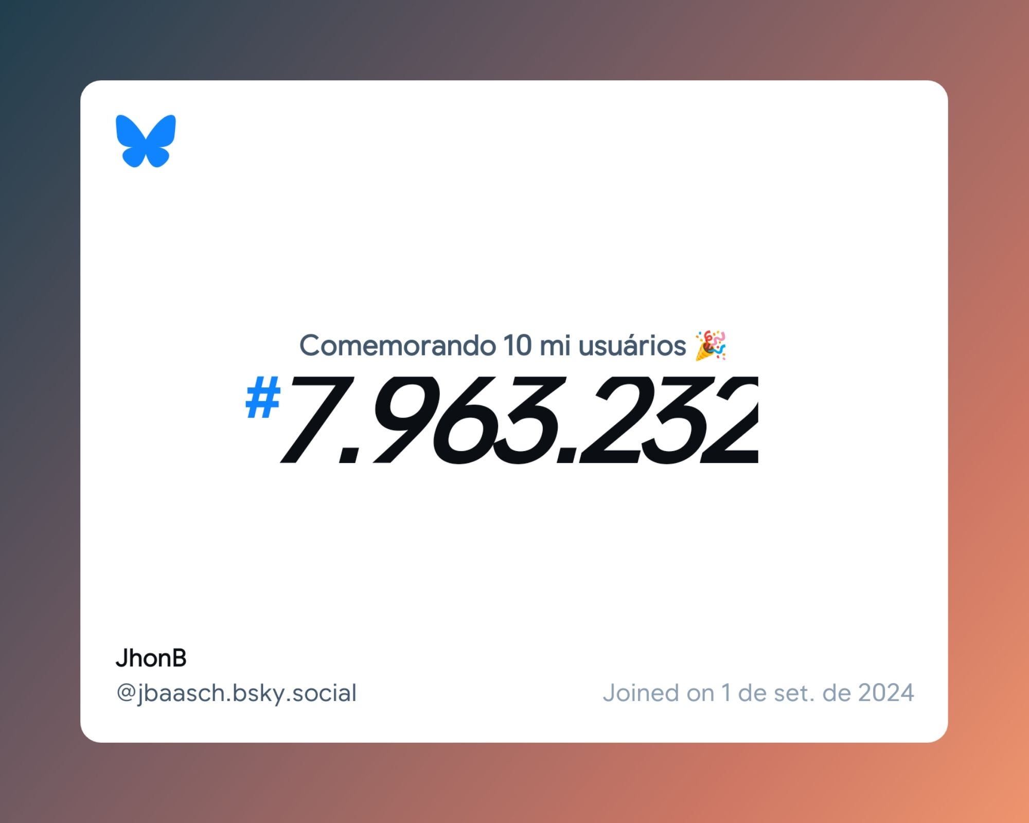 Um certificado virtual com o texto "Comemorando 10 milhões de usuários no Bluesky, #7.963.232, JhonB ‪@jbaasch.bsky.social‬, ingressou em 1 de set. de 2024"