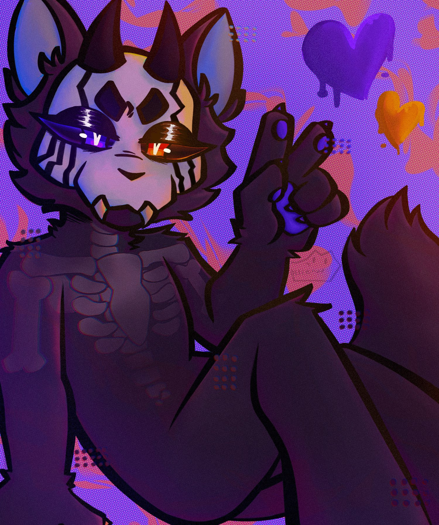 Slightly transparent furry ink demon adorning a skull face with horns and cracks and bright glowing purple and orange eyes