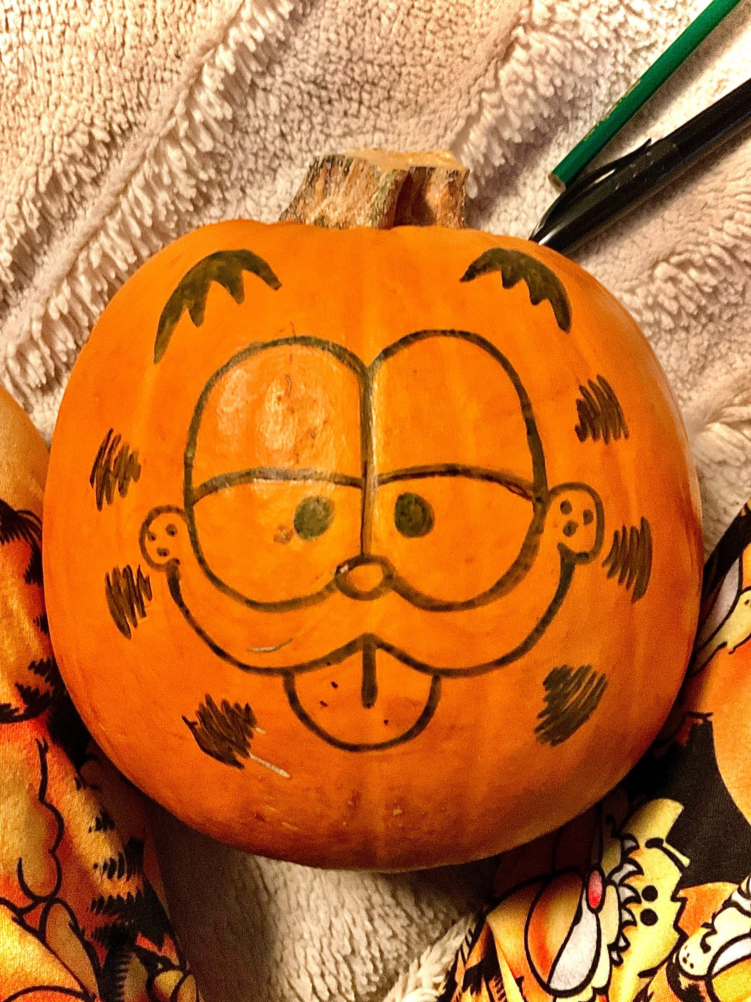 Garfield face drawn on smol pumpkin 