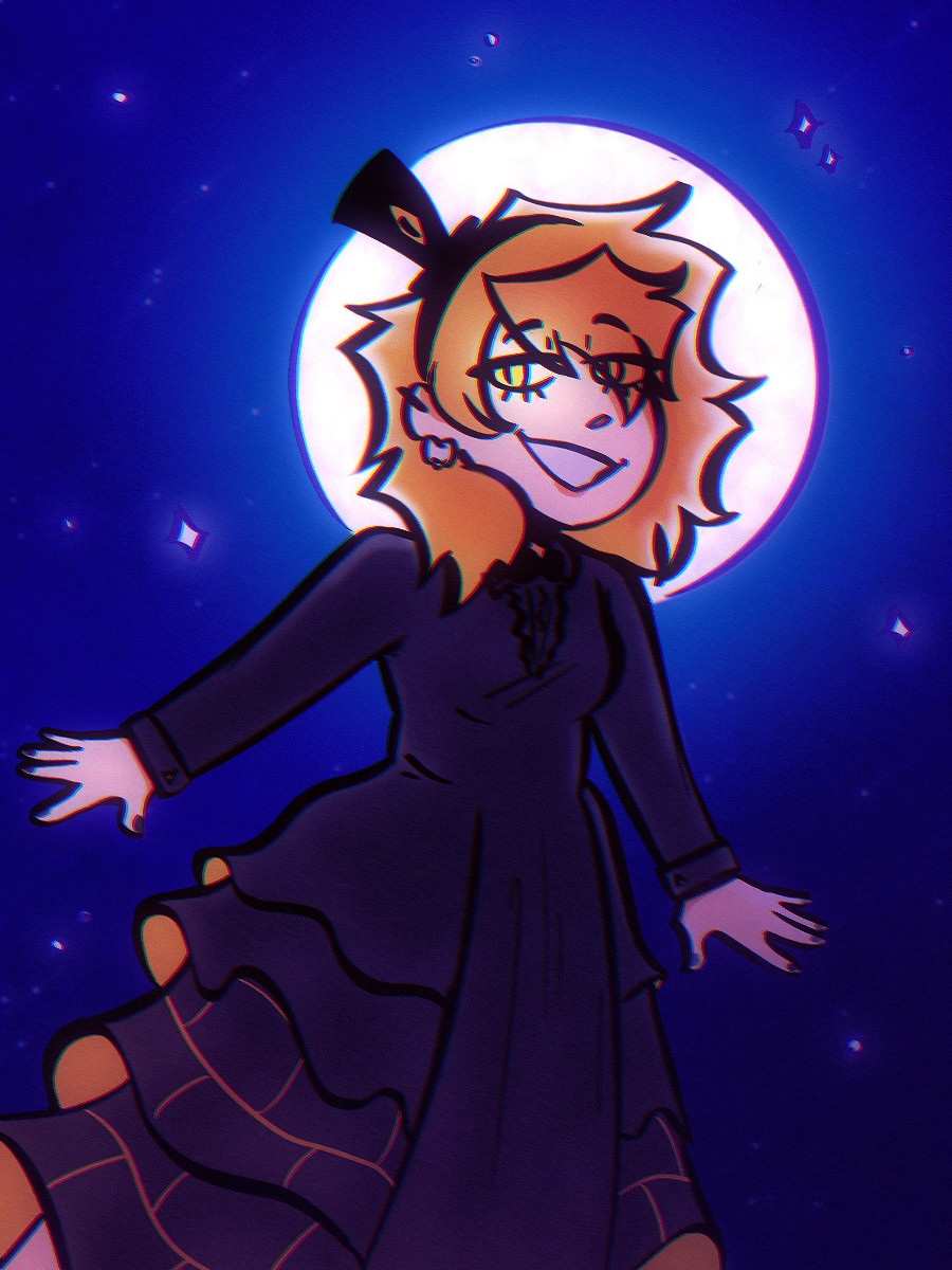 Golden haired girl in a black dress with gold brick pattern and golden accents underneath dress. Her face is framed by a bright moon behind her. Her yellow eye glows as she smiles down upon you