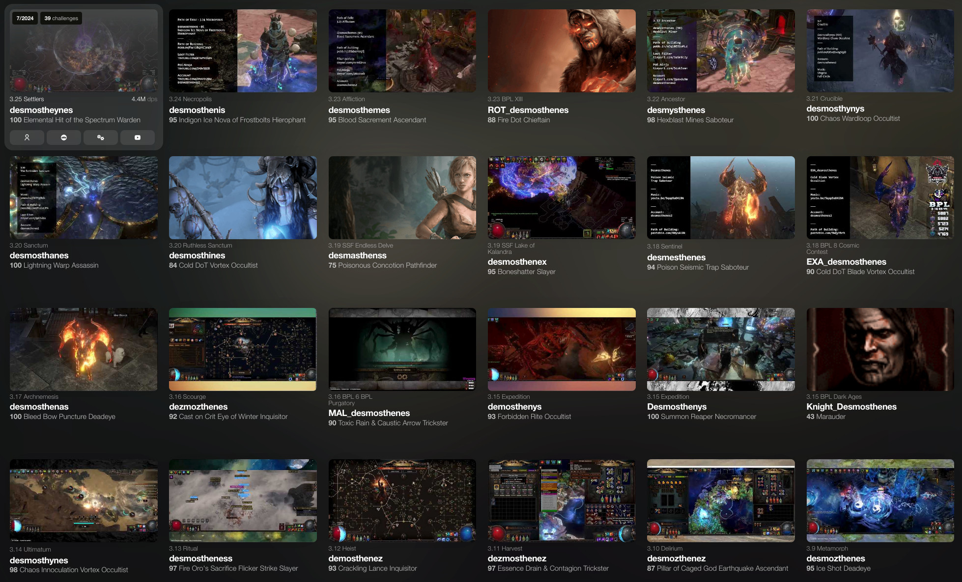 The "Hall of Grandmasters" #pathofexile 

startyparty.dev/poe

With links to poeninja, official character page, poe profile and youtube one click inline video previews

(p.s. DPS numbers supplied by poe ninja)