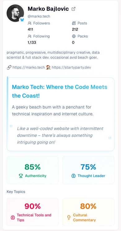 “Like a well-coded website with intermittent downtime – there’s always something intriguing going on!” 

- damn this automated review hits too close to home lol

85% authentic lol

blueskyroast.com/roast/marko....