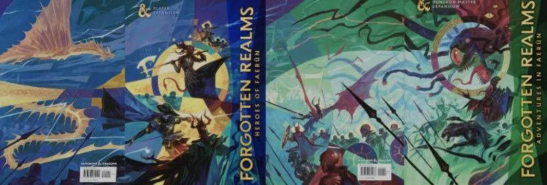 The alternate covers to the forgotten realms books are placed side by the side to create a complete four-panel image showing a battle between an army of heroes and villains in the Forgotten Realms.