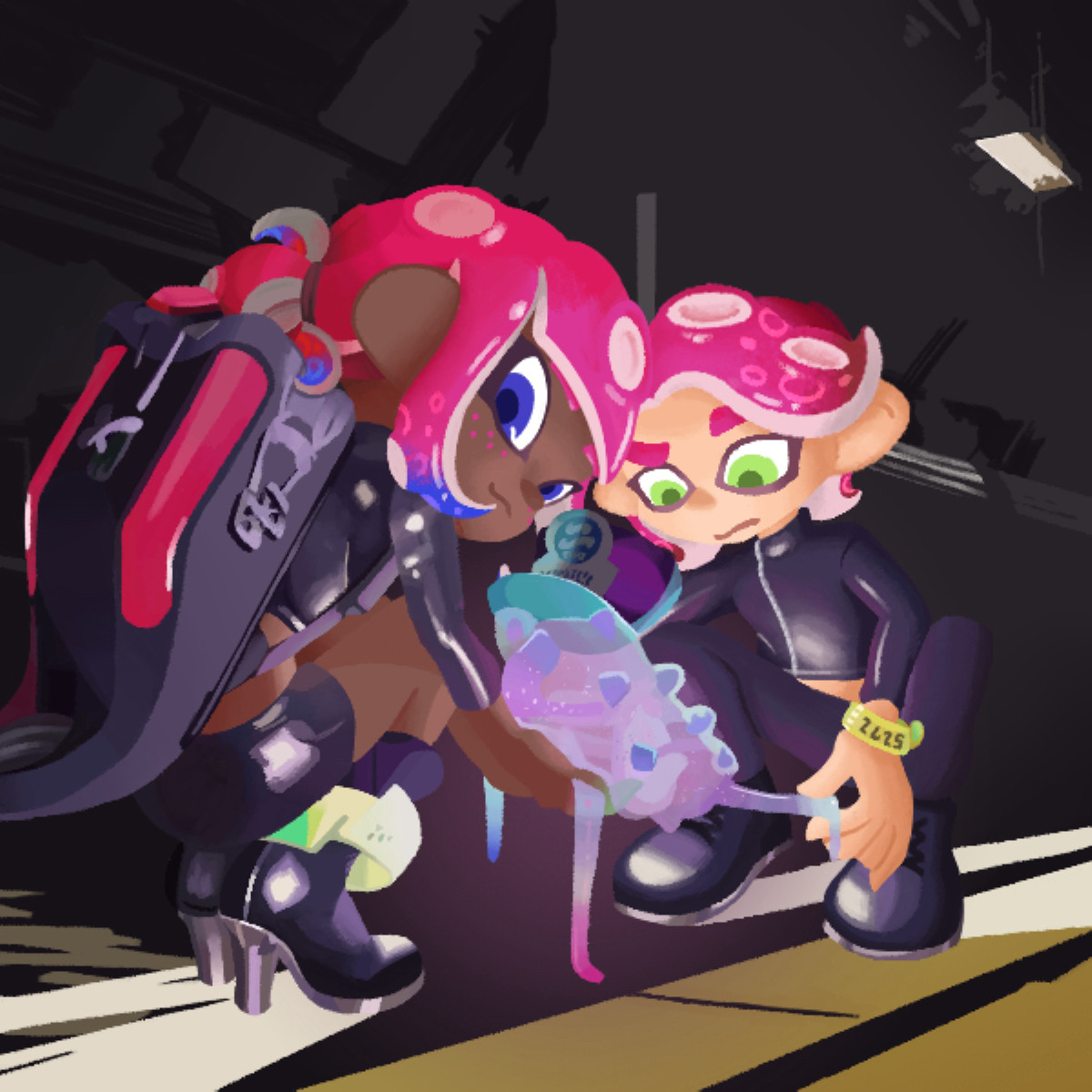 An edit/redraw of my ocs Sapphire and Cerise as the official Splatoon White Day 2020 artwork. They are both teens in their Octarian gear kneeling on the ground in the Deep Sea Metro. They are holding a glowing C. Q. Cumber and examining it. Saph is looking behind at the viewer with a slight smile. Cerise is looking at C. Q. Cumber with concerning and/or disgust.