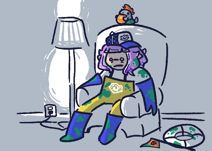 A drawn over reaction image of Astra in her Salmon Run gear sitting in a chair. She looks exhausted and is covered in enemy Salmonid ink. A tall lamp is plugged in and on next to the chair. 

Squill is stirring on top of the chair holding a power egg. A Grizzco life preserver and flag are laying on the ground also covered in ink.