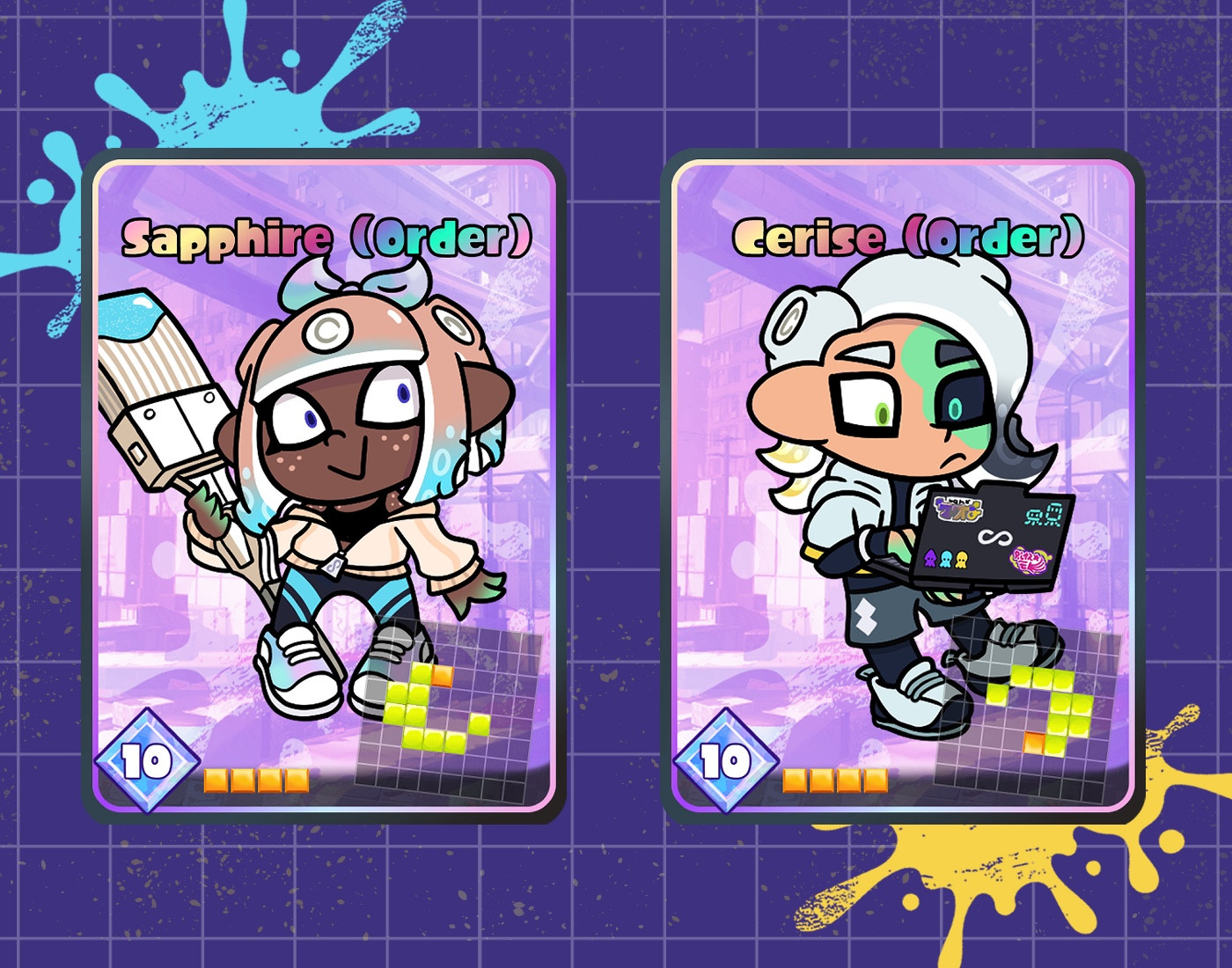 An unofficial promotional image showing Tableturf cards for Sapphire and Cerise in their Side Order themed outfits. Saph's card has her confidently standing while holding her Order Brush. Cerise's card has him focused and typing on his laptop that he's holding up with his left arm. He's kind of laying back and free floating in the air.

Behind their cards is splatter paint shapes, and a grid-like pattern in the background. A watermark (@AnnaSwelle) is in the corner.