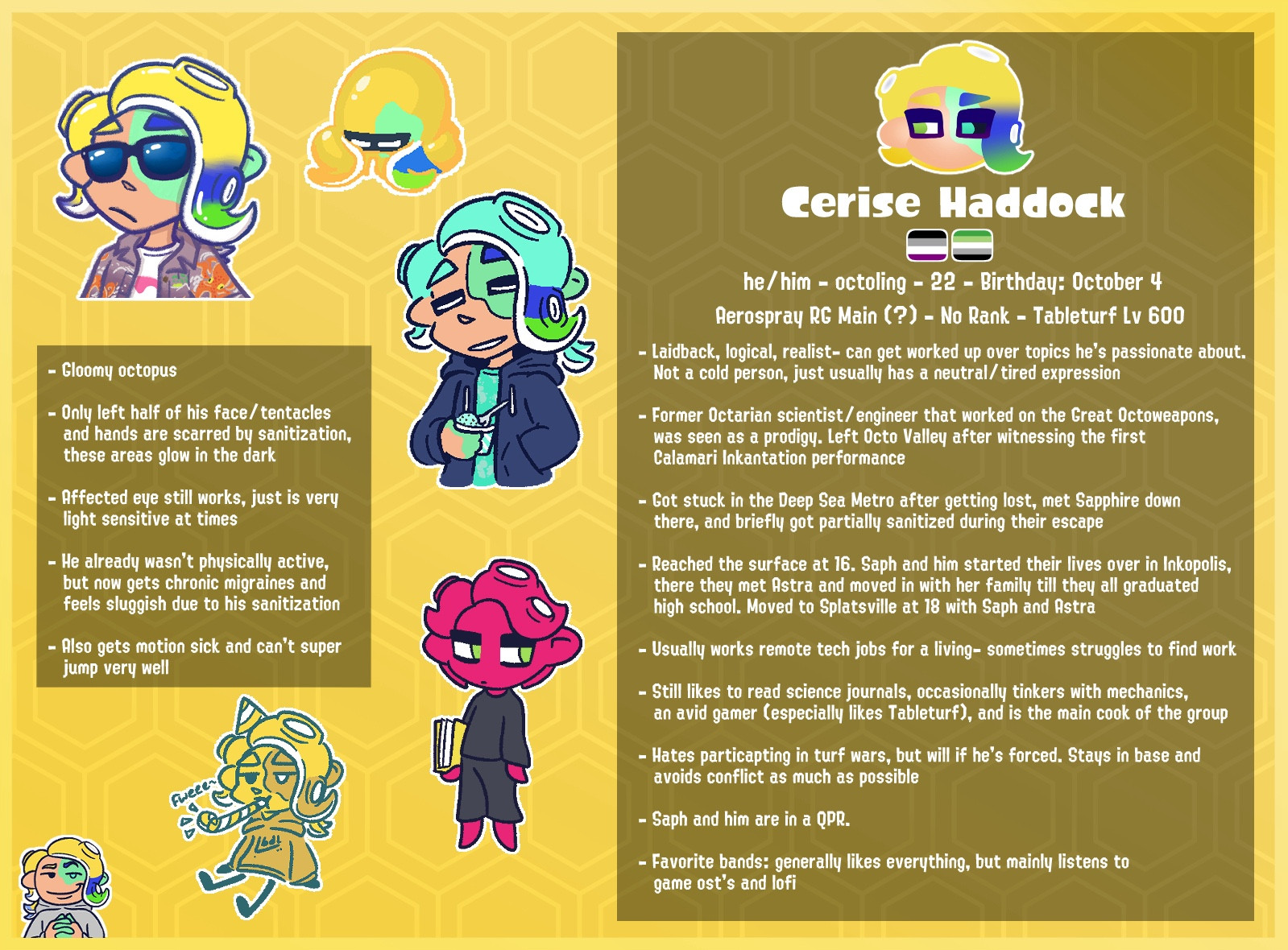 Cerise Haddock
he/him - octoling - 22 - Birthday: October 4
Aerospray RC Main (?) - No Rank - Tableturf Lv 600
- Laidback, logical, realist- can get worked up over topics he's passionate about.
Not a cold person, just usually has a neutral/ tired expression
- Former Octarian scientist/ engineer that worked on the Great Octoweapons, was seen as a prodigy. Left Octo Valley after witnessing the first Calamari Inkantation performance
- Got stuck in the Deep Sea Metro after getting lost, met Sapphire down there, and briefly got partially sanitized during their escape
- Reached the surface at 16. Saph and him started their lives over in Inkopolis, there they met Astra and moved in with her family till they all graduated high school. Moved to Splatsville at 18 with Saph and Astra
- Usually works remote tech jobs for a living- sometimes struggles to find work
- Still likes to read science journals, occasionally tinkers with mechanics, an avid gamer (especially likes Tableturf)