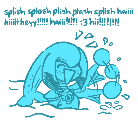 A drawn reaction image of Saph from the Legend of Zelda AU, where she is a Zora. She is swimming in water with her upper body above the water. She is excitedly shouting and waving her left arm, which is splashing in and out of the water. There are emphasis shouting lines drawn above her head. 

Above her there is text that says, 
“splish splosh plish plash splish haiiii hiiiii heyy!!!!! haiii!!!!! :3 hii!!!!!!!”