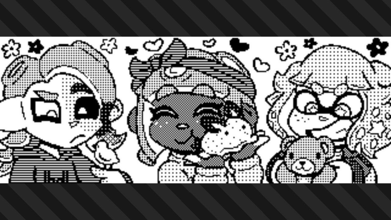 A Splatoon plaza post showing my three ocs in a row: Cerise, Saph, and Astra. Cerise is holding a baby chick up on his left index finger looking confused at it. Saph is holding up her pet sea bunny, Pepper, next to her cheek and is happily smiling. Astra is holding a stuffed teddy bear with an energized smile on her face. Above them are various heart and flower shapes.