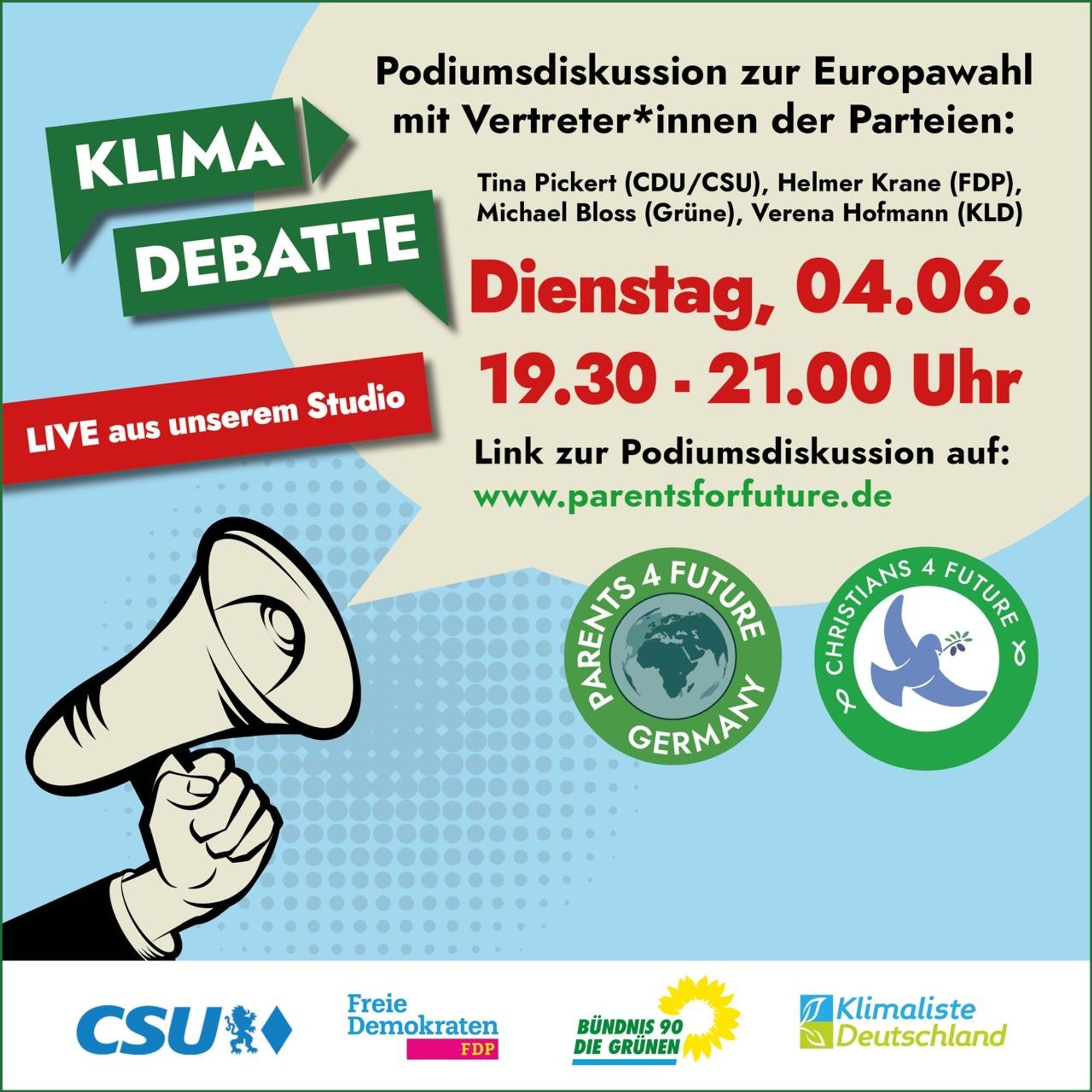 Veranstaltungsankündigung der parents for future:
Im Vorfeld der Europawahl laden Parents und Christians for Future zu einer Online-Podiumsdiskussion ein. Am 3. und 4. Juni, jeweils um 19:30 Uhr, treffen sich Vertreter*innen der bekannten und weniger bekannten Parteien, um ihre Positionen und politischen Maßnahmen im Kampf gegen die eskalierende Klimakrise vorzustellen und zu debattieren. Die Veranstaltung bietet die einzigartige Gelegenheit, euch aus erster Hand über die Pläne der Parteien zu informieren und über den Chat Fragen direkt an die Entscheidungsträger*innen zu stellen.
Moderiert wird die Diskussion von einem Physiker und Unternehmer sowie einer Psychologin - für thematische Vielfalt ist also gesorgt!
Zugang über https://meet.google.com/xca-srgg-via, eine Anmeldung ist nicht erforderlich.