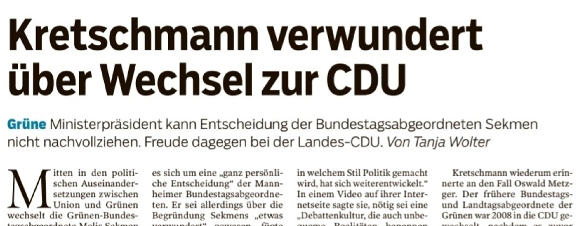 Schlagzeile in der Südwestpresse Ulm vom 3. Juli 2024: "Kretschmann verwundert über Wechsel zur CDU"