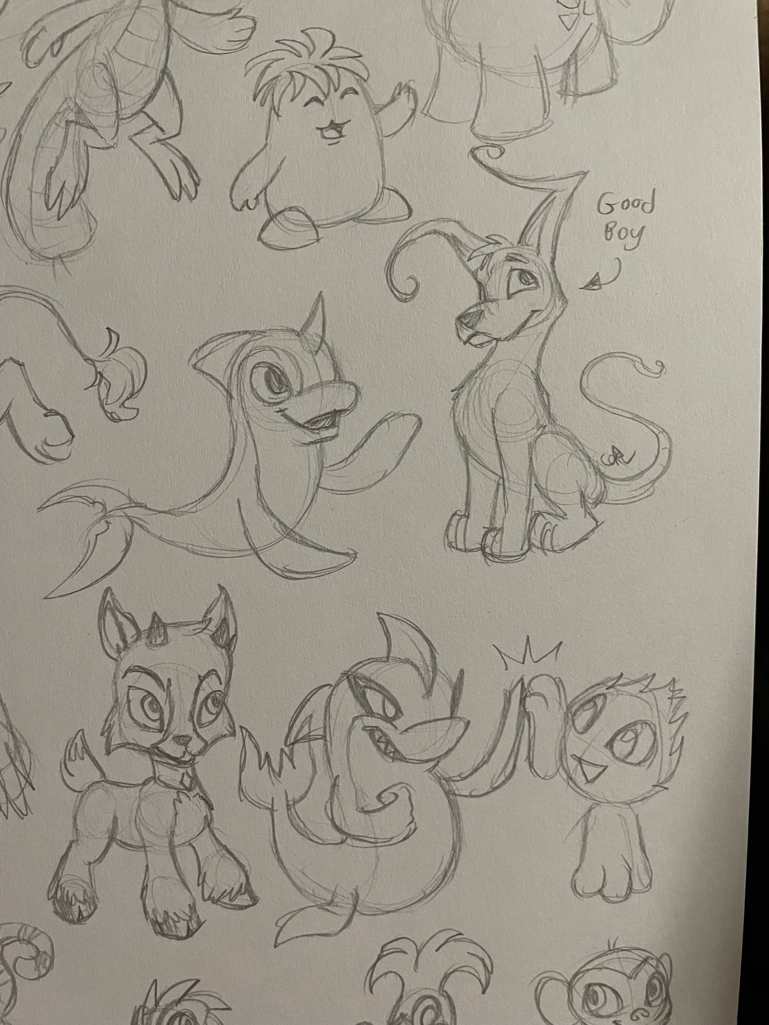 Zoomed in on previous sketches. Focus on chia, flotsam, gelert, ixi, jetsam, and jubjub. The gelert has an arrow pointing to it that says “good boy”