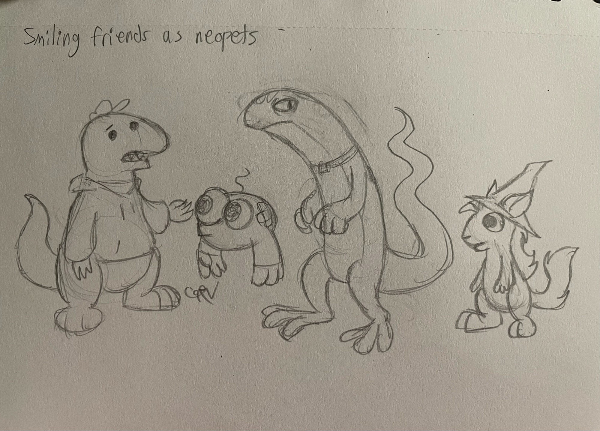 Smiling Friends cast as neopets. Left to right: Charlie as a grarrl, Pim as a kiko, Alan as a techo, and Glep as a kyrii.